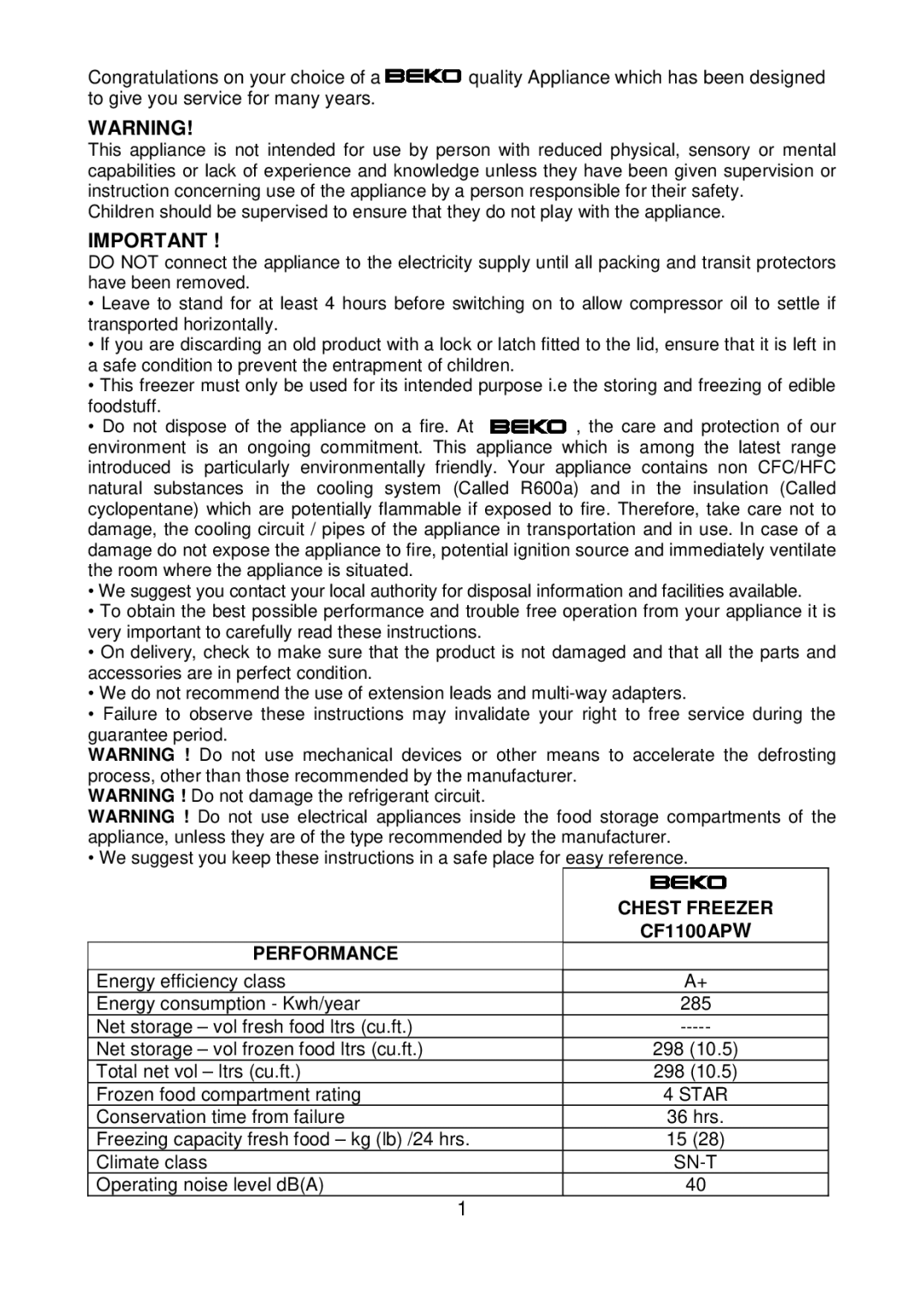 Beko manual Performance Chest Freezer CF1100APW 