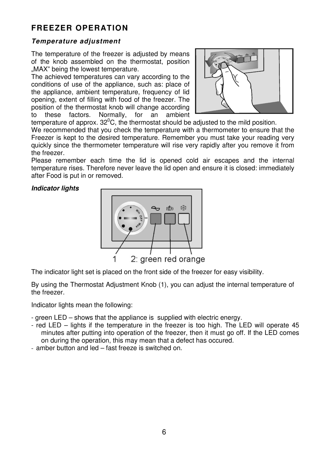 Beko CF1100APW manual Freezer Operation, Temperature adjustment 