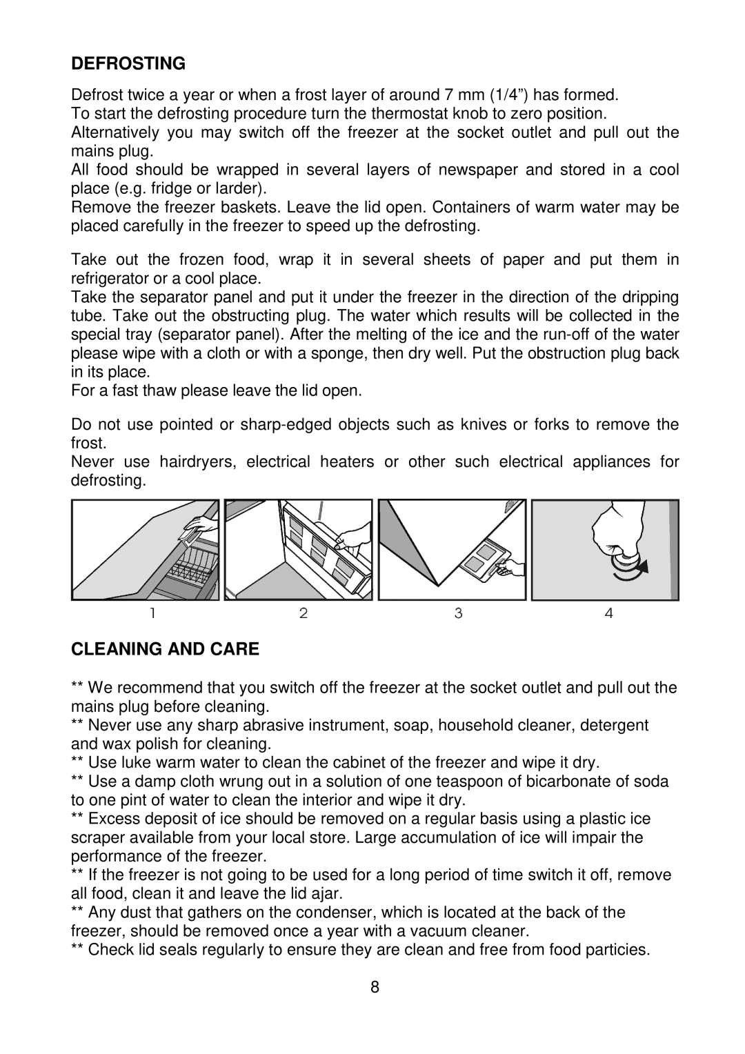 Beko CF1100APW manual Defrosting, Cleaning and Care 