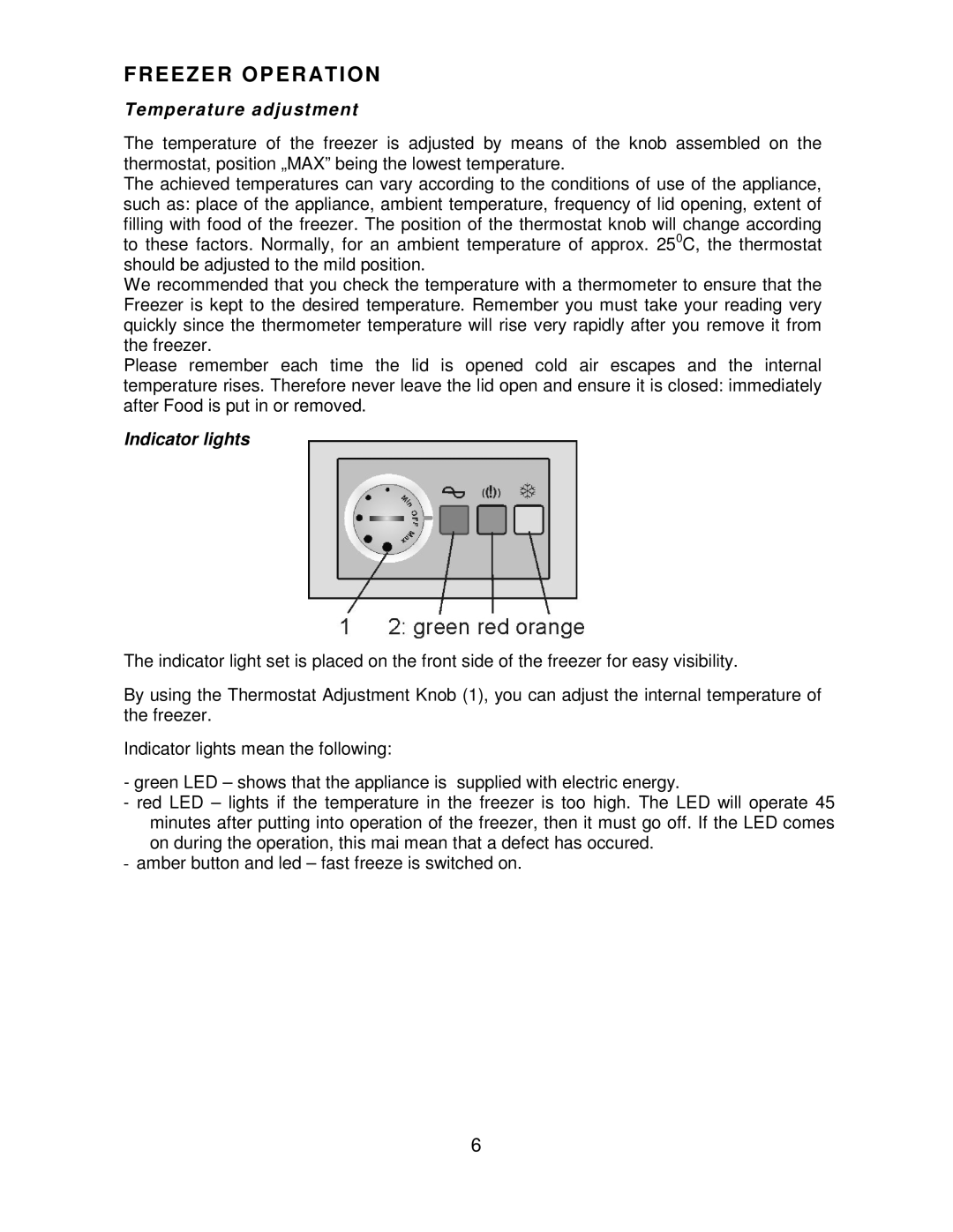 Beko CF392W, CF392S manual Freezer Operation, Temperature adjustment 