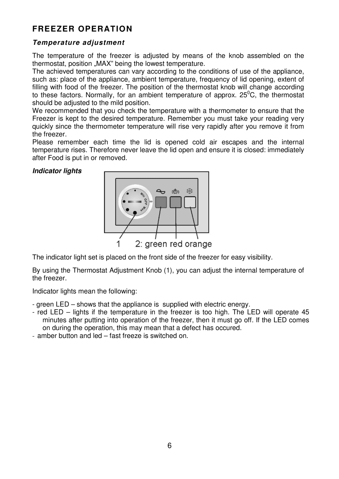 Beko CF393APW manual Freezer Operation, Temperature adjustment 