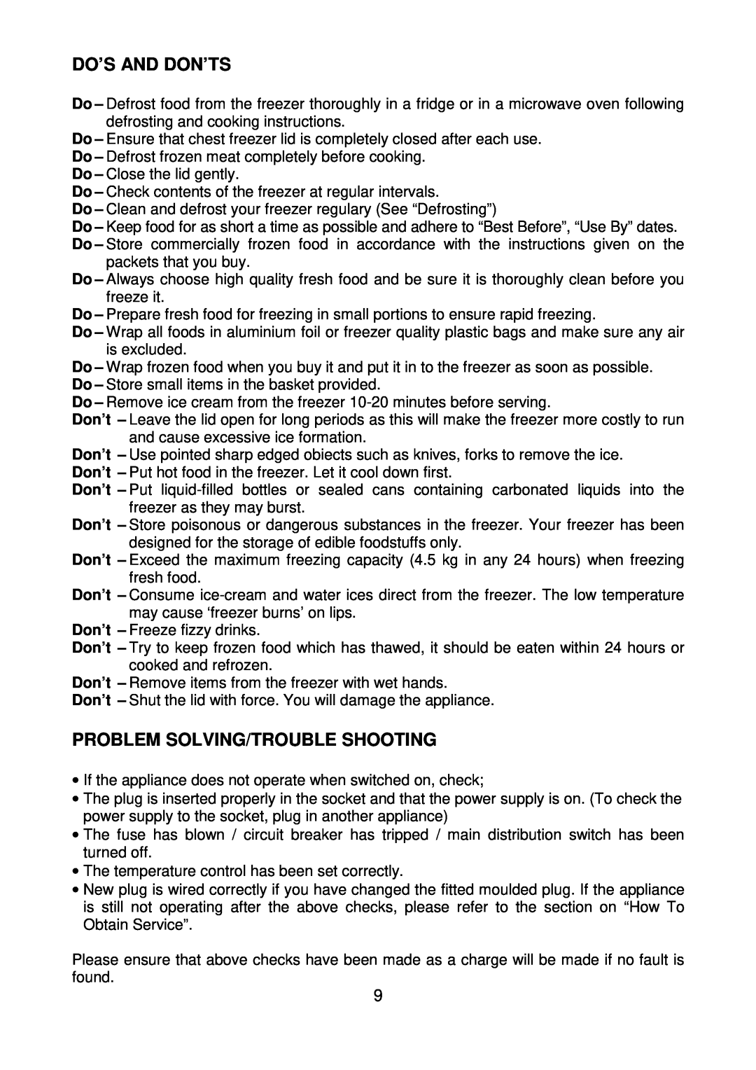 Beko CF393APW manual Do’S And Don’Ts, Problem Solving/Trouble Shooting 