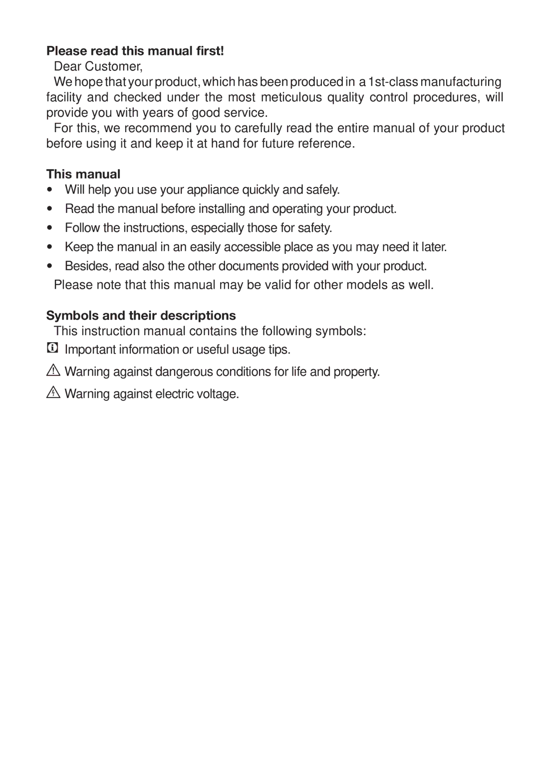 Beko CF540S, CF540W, CF540B manual Symbols and their descriptions 