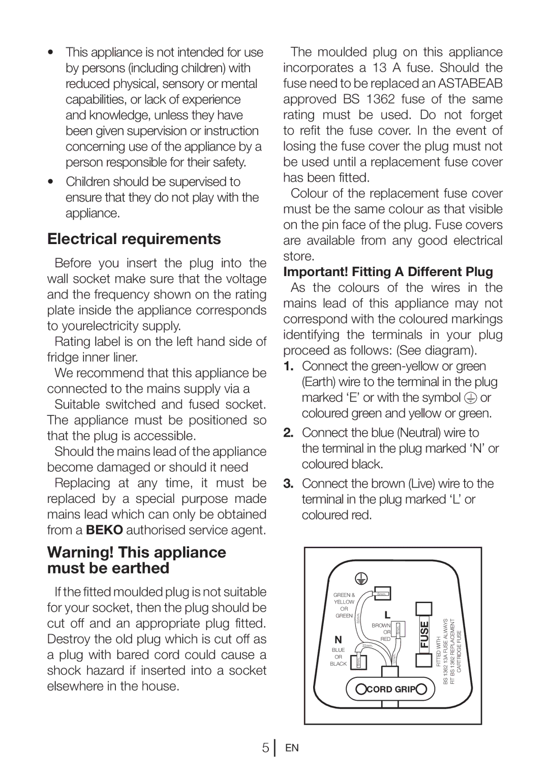 Beko CF540W, CF540B, CF540S manual Electrical requirements 