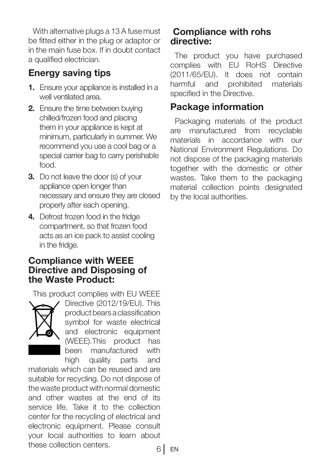 Beko CF540B, CF540W, CF540S manual Energy saving tips, Compliance with rohs directive, Package information 