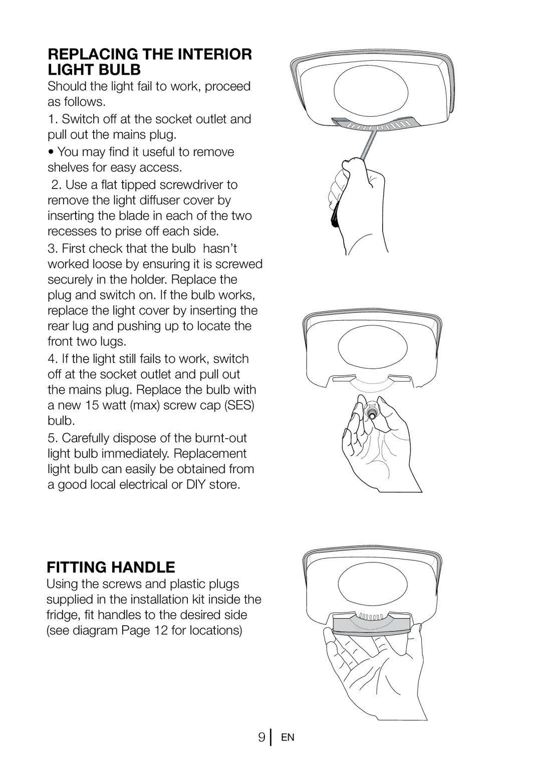 Beko CF5533APW, CF5533APB, CF5533APS, COOL53FW manual Replacing the Interior Light Bulb, Fitting Handle 