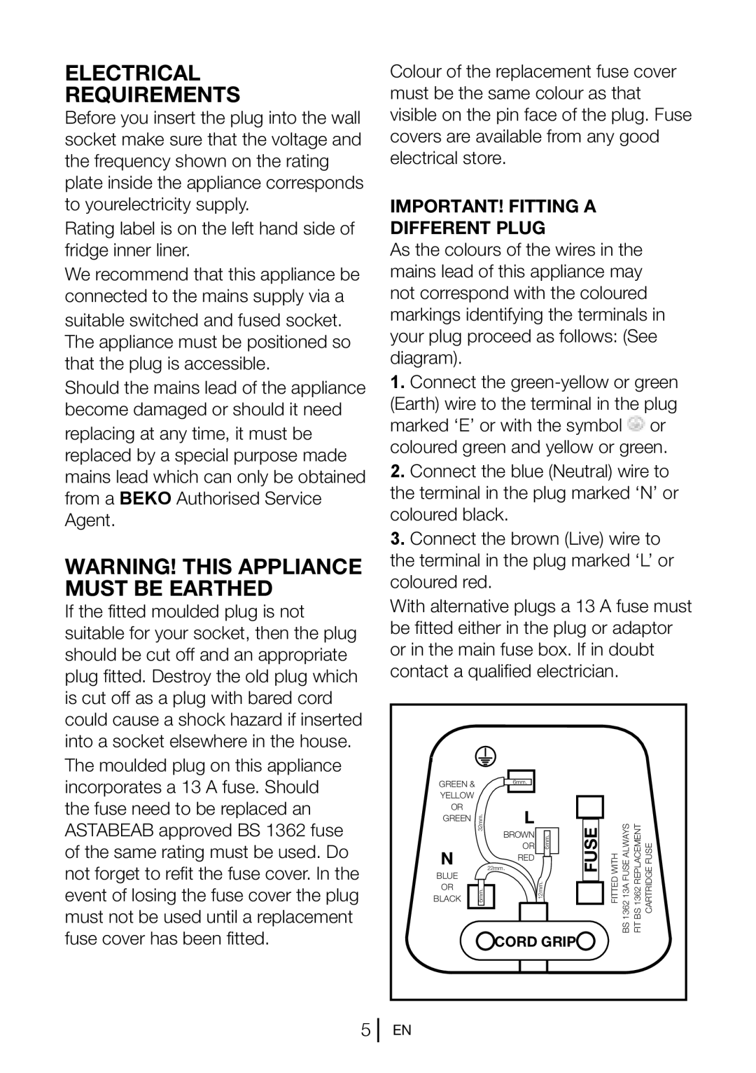 Beko CF5533APW, CF5533APB, CF5533APS, COOL53FW manual Electrical Requirements, IMPORTANT! Fitting a Different Plug 