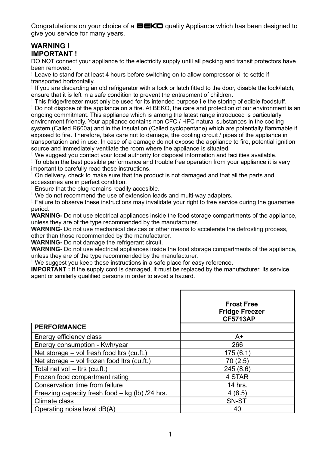 Beko CF5713AP manual Netstorage volfrozenfoodltrscu.ft, Totalnetvol ltrscu.ft, Frozenfoodcompartmentrating, Climateclass 