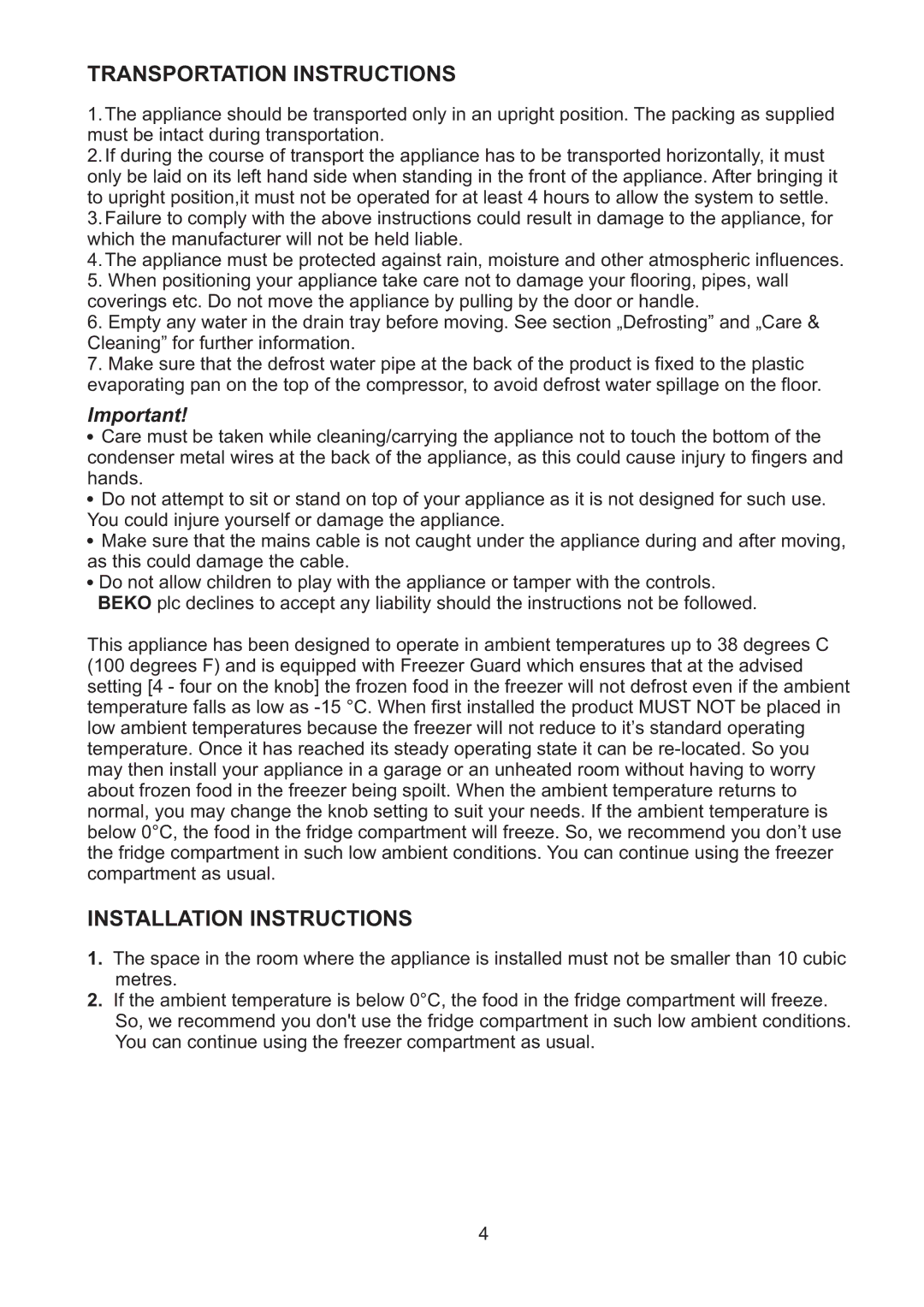 Beko CF5713AP manual Transportationinstructions, Installationinstructions 