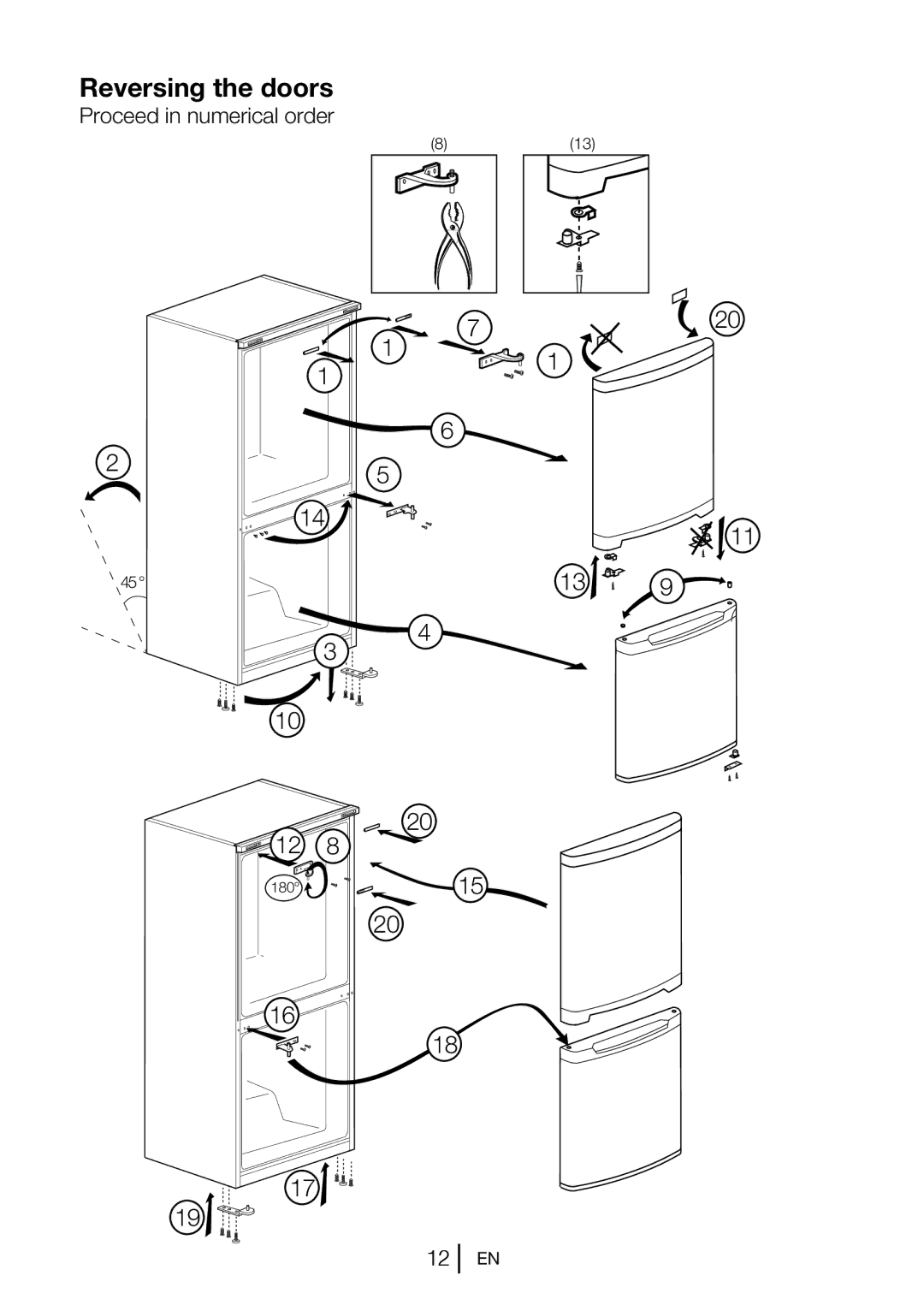 Beko CF5834APW, CF5834APS, CF5834APB manual Reversing the doors 