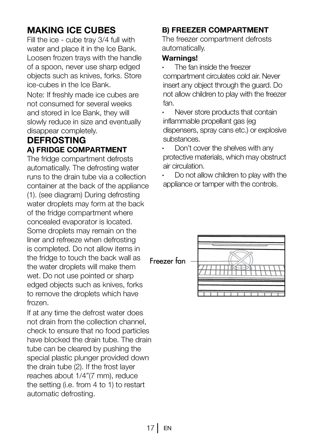 Beko CF5834APS, CF5834APW, CF5834APB manual Making ICE Cubes, Defrosting, Freezer Compartment 