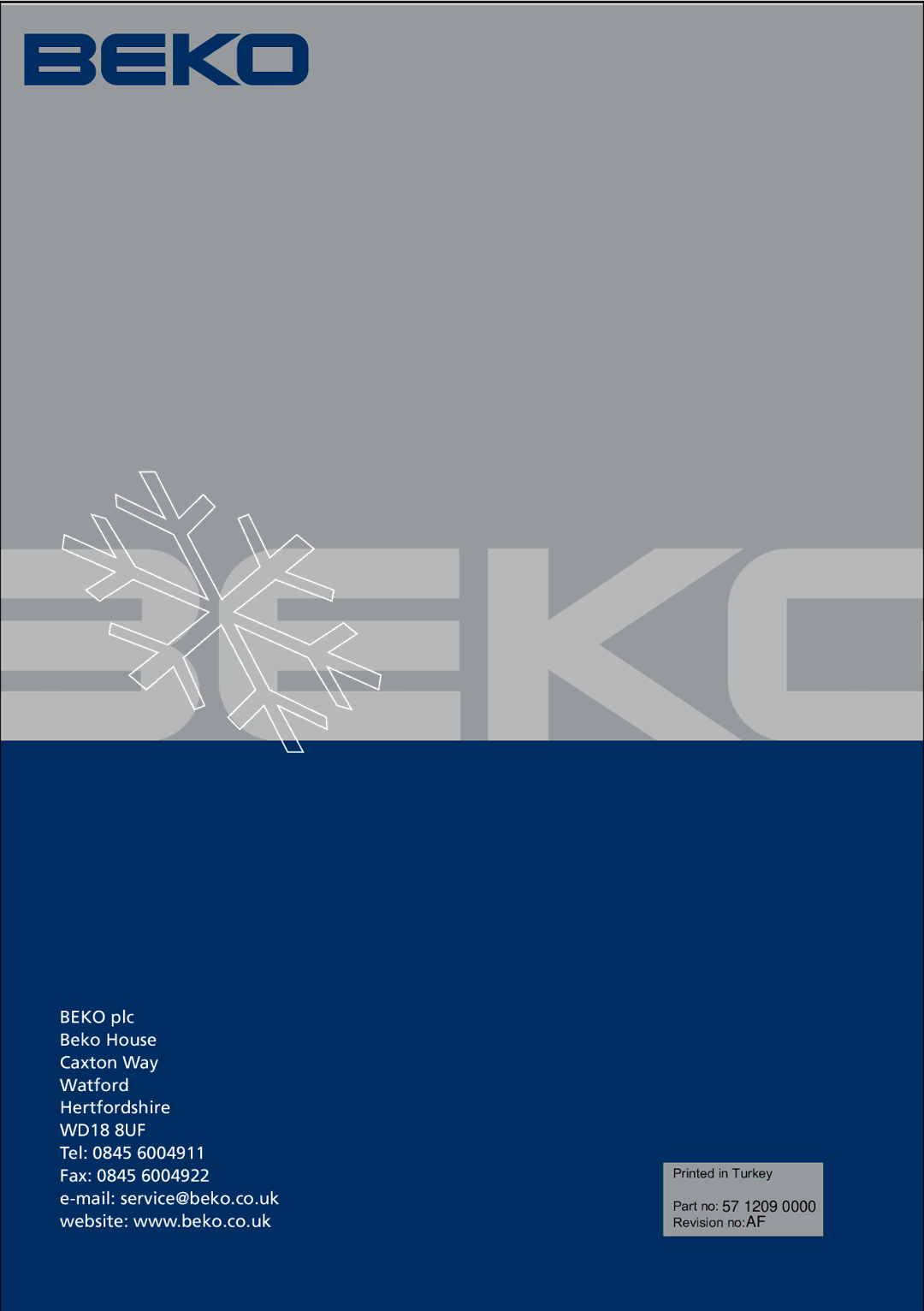 Beko CF5834APW, CF5834APS, CF5834APB manual Part no 57 1209 