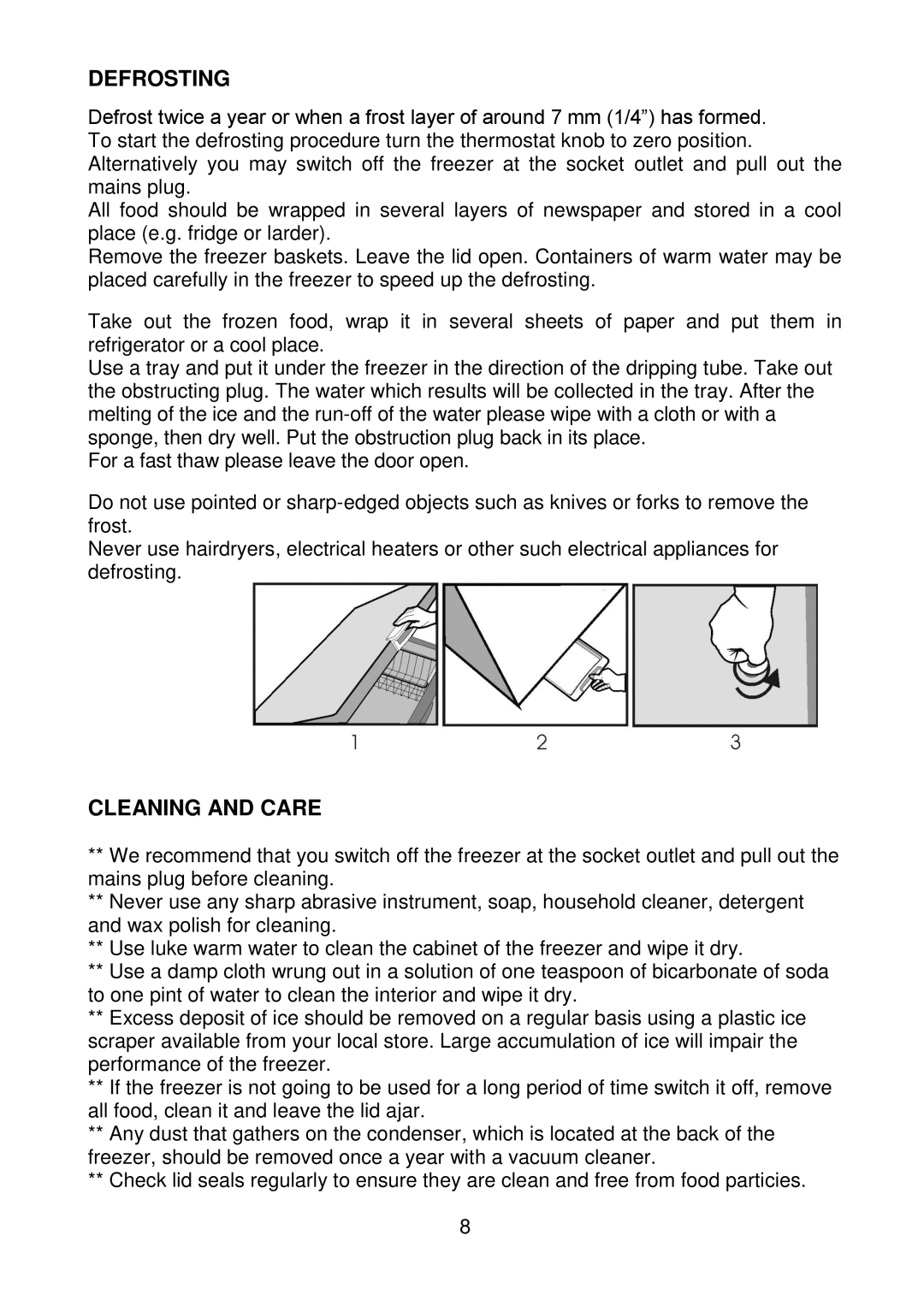 Beko CF625W manual Defrosting, Cleaning and Care 