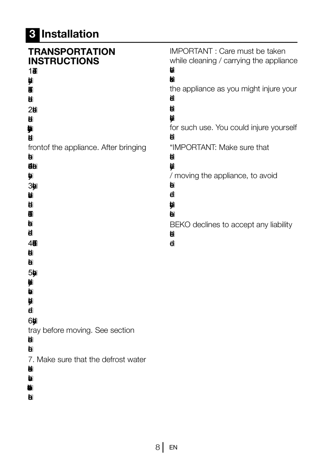 Beko CF6914 W manual Installation, Transportation Instructions 