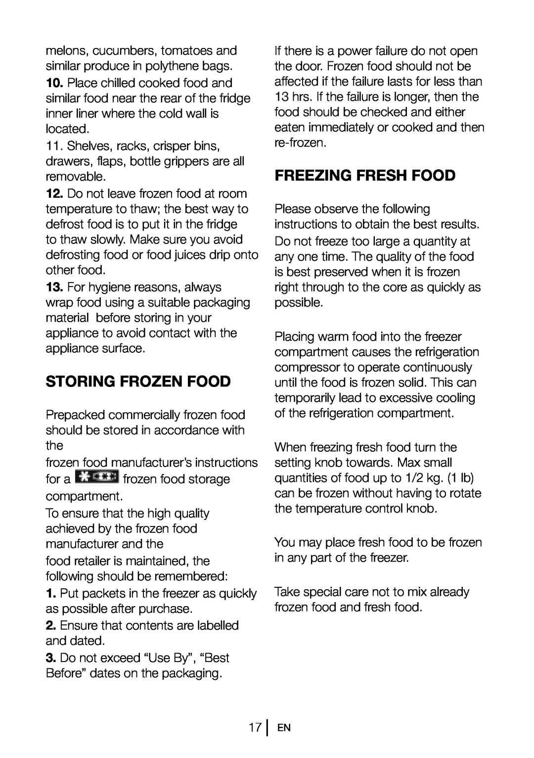 Beko CF6914 W manual Storing Frozen Food, Freezing Fresh Food 