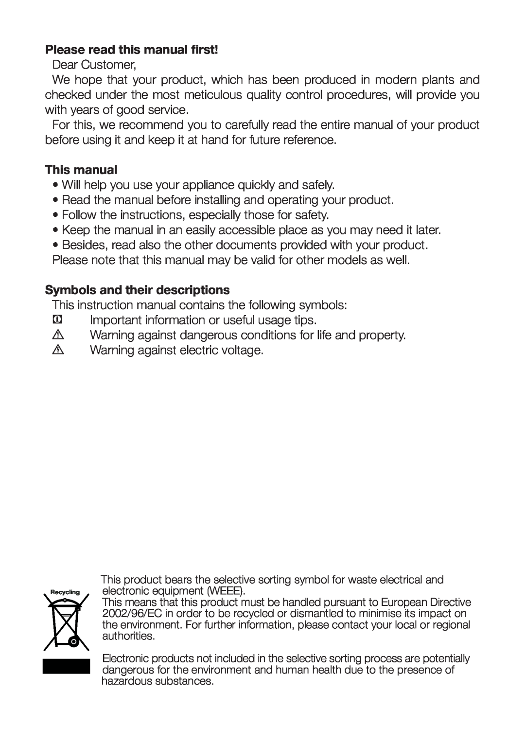 Beko CF7914 Please read this manual first, This manual, Symbols and their descriptions 
