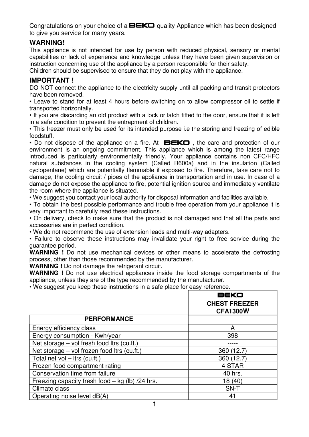 Beko CFA1300W manual Performance Chest Freezer 