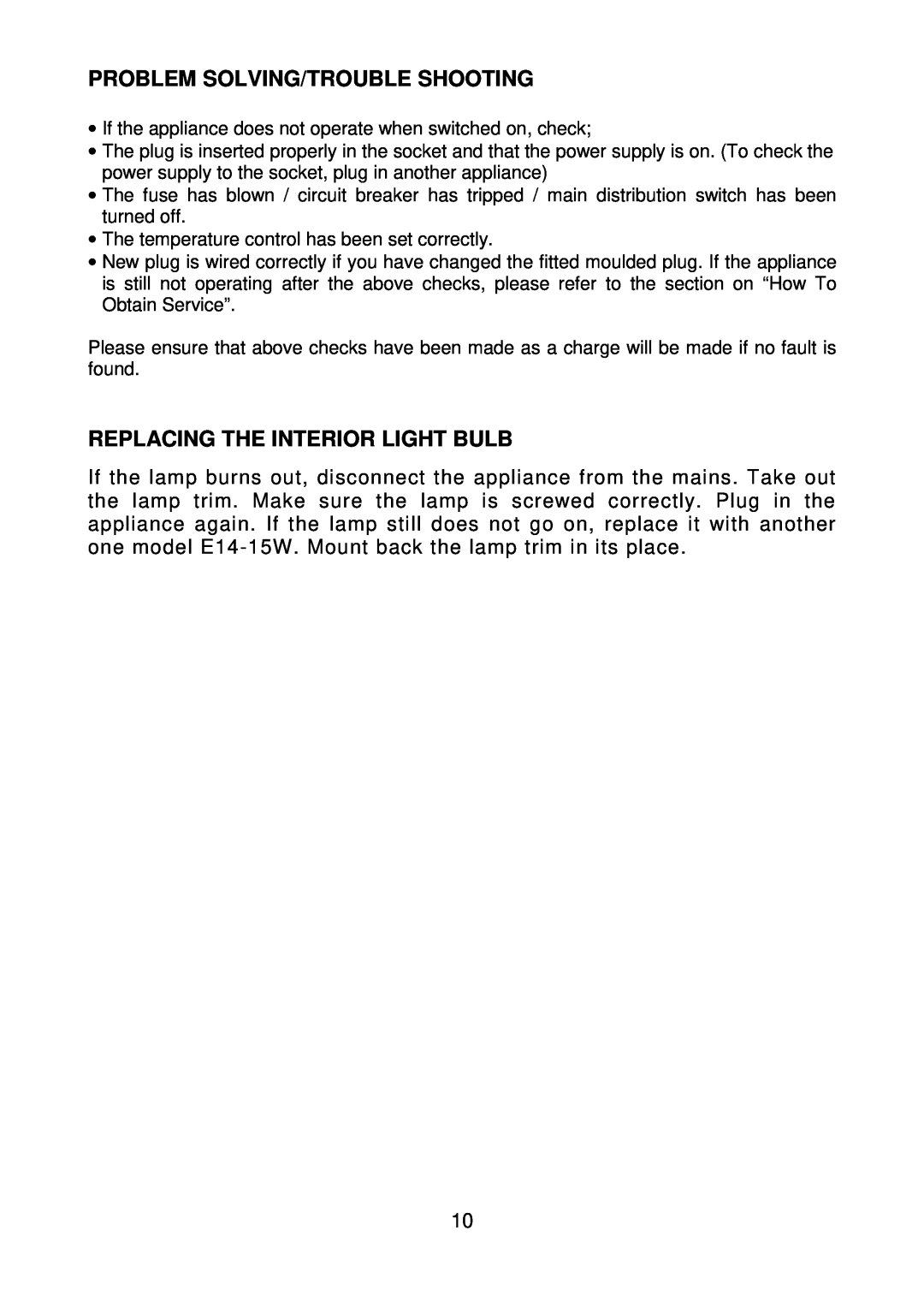 Beko CFA1300W manual Problem Solving/Trouble Shooting, Replacing The Interior Light Bulb 