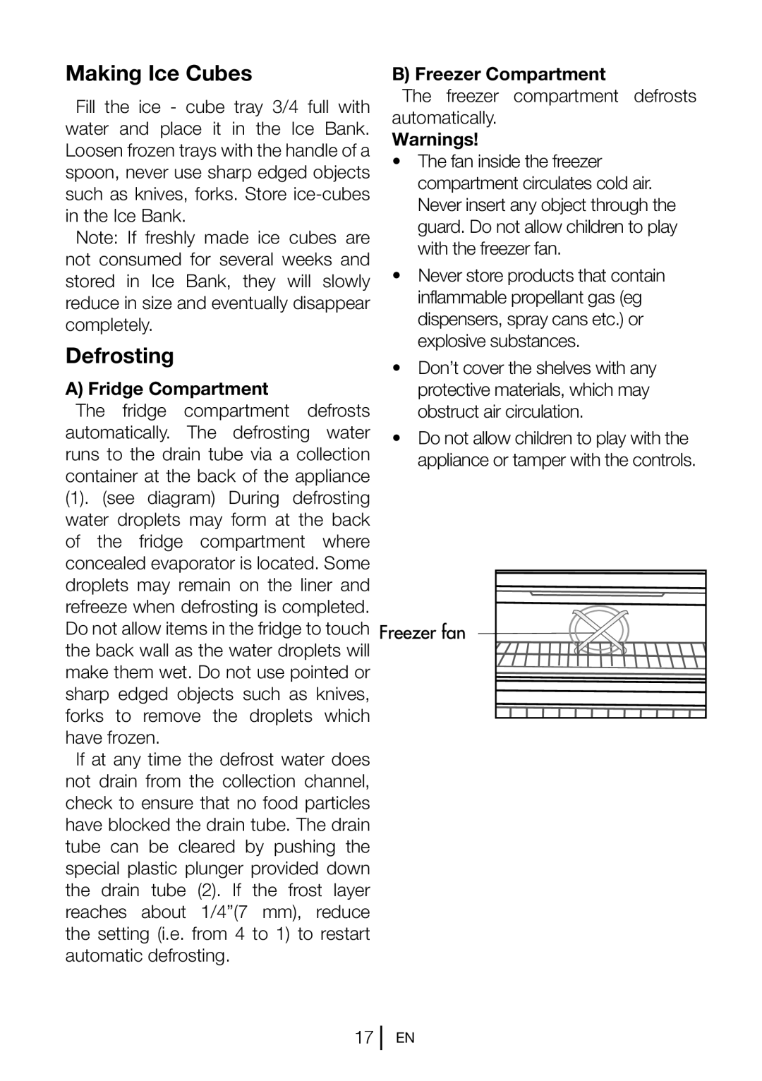 Beko CFD 540S, CFD 540B, CFD 540W manual Making Ice Cubes, Defrosting, Fridge Compartment, Freezer Compartment 