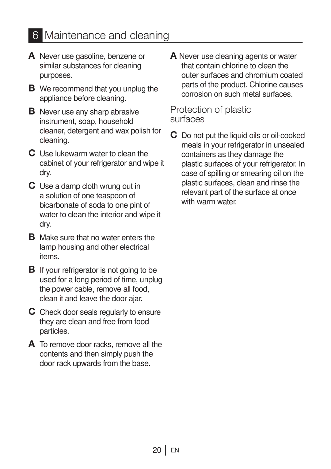Beko CFD 540S, CFD 540B, CFD 540W manual Maintenance and cleaning, Protection of plastic surfaces 
