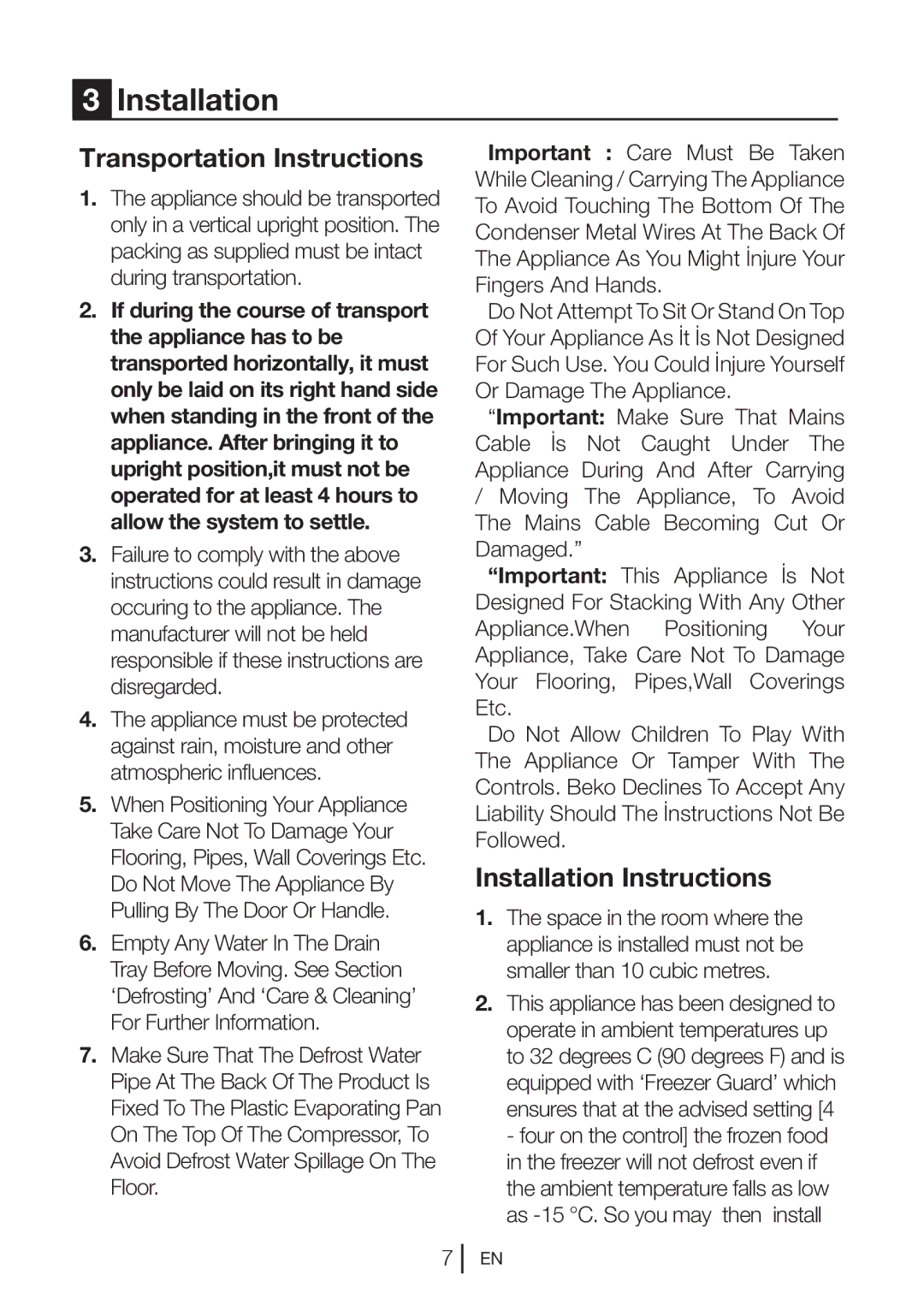 Beko CFD 540W, CFD 540S, CFD 540B manual Transportation Instructions, Installation Instructions 