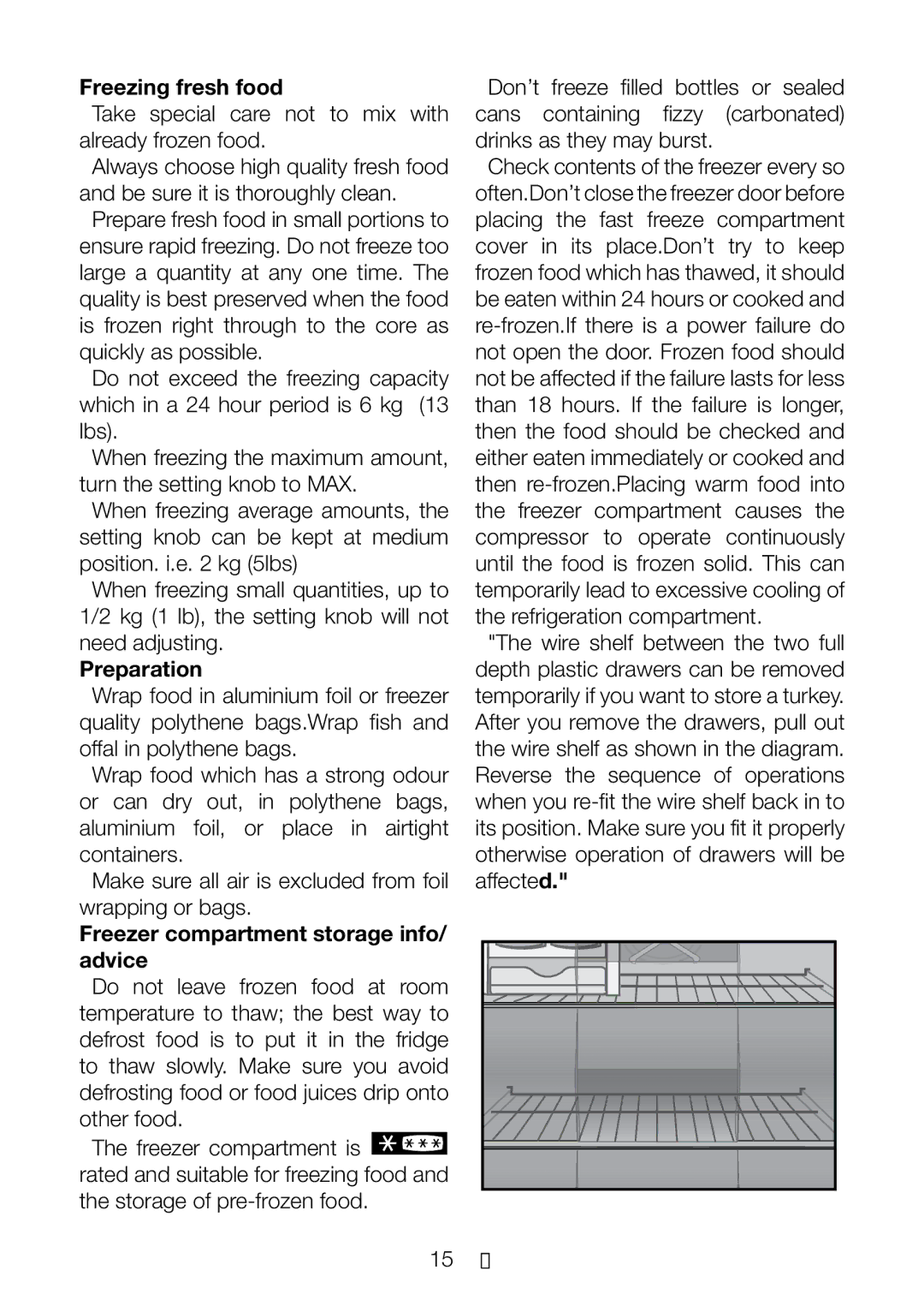 Beko CFD 7914 manual Freezing fresh food, Preparation, Freezer compartment storage info/ advice 