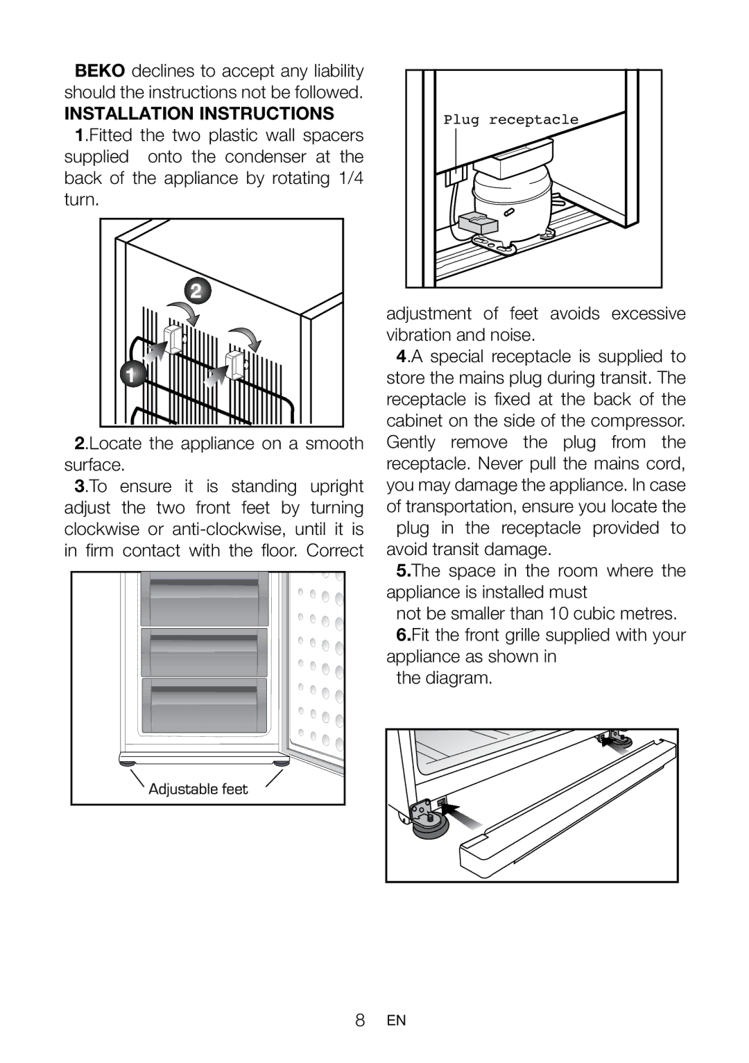 Beko CFD 7914 manual Adjustment of feet avoids excessive vibration and noise 