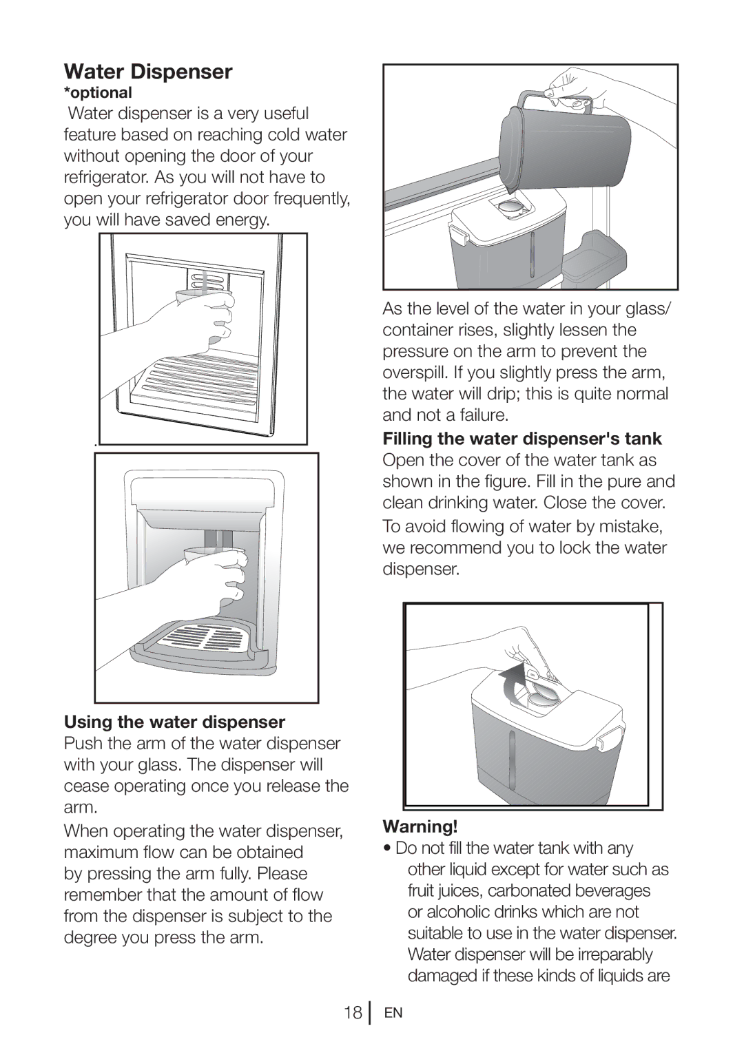 Beko CFD5834APS, CFD5834APW, CFD5834APB manual Water Dispenser, Using the water dispenser 