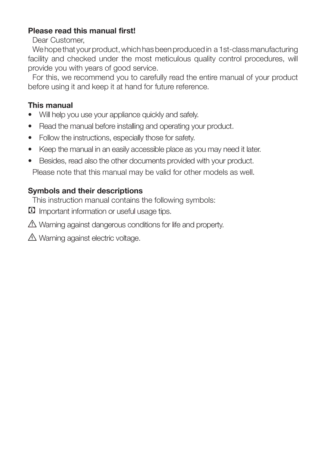 Beko CFD640S, CFD640W, CFD640B Please read this manual first, This manual, Symbols and their descriptions 