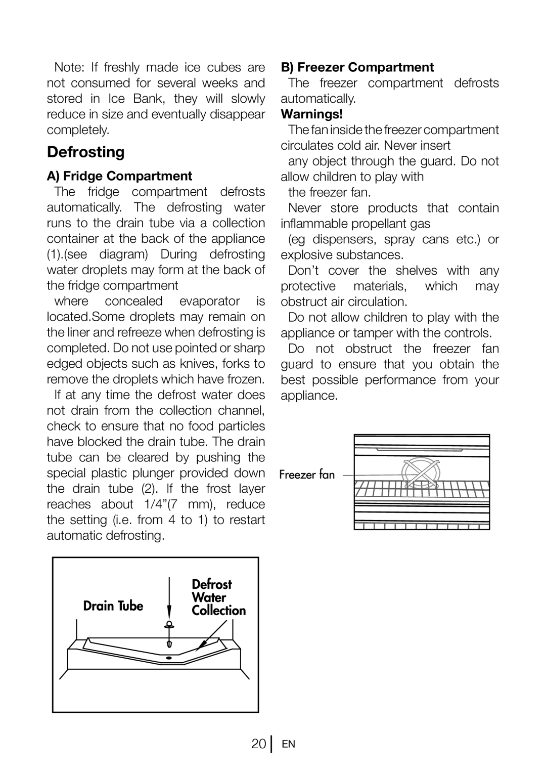 Beko CFD640S, CFD640W, CFD640B manual Defrosting, Fridge Compartment, Freezer Compartment 