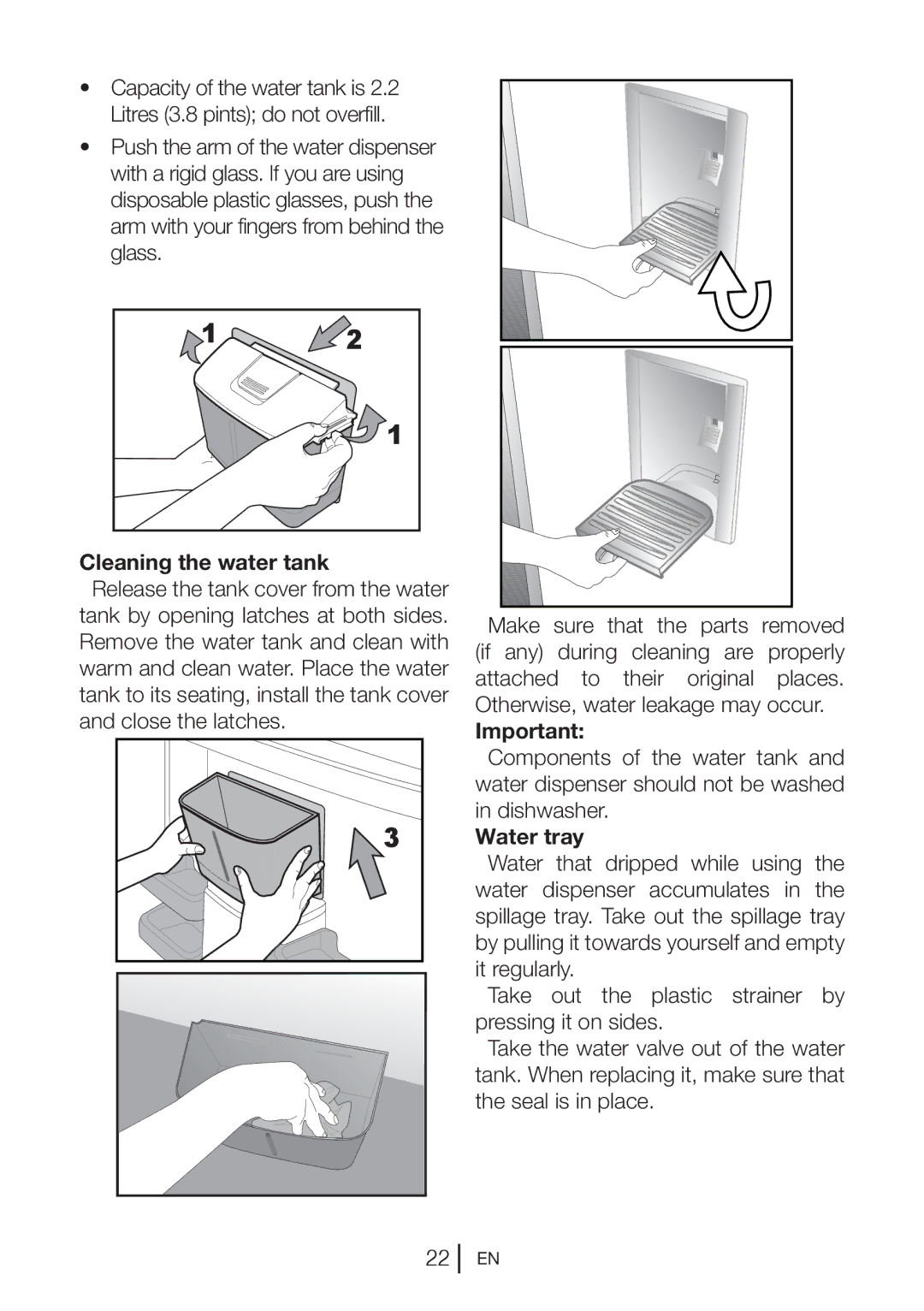 Beko CFD640B, CFD640W, CFD640S manual Cleaning the water tank, Water tray 