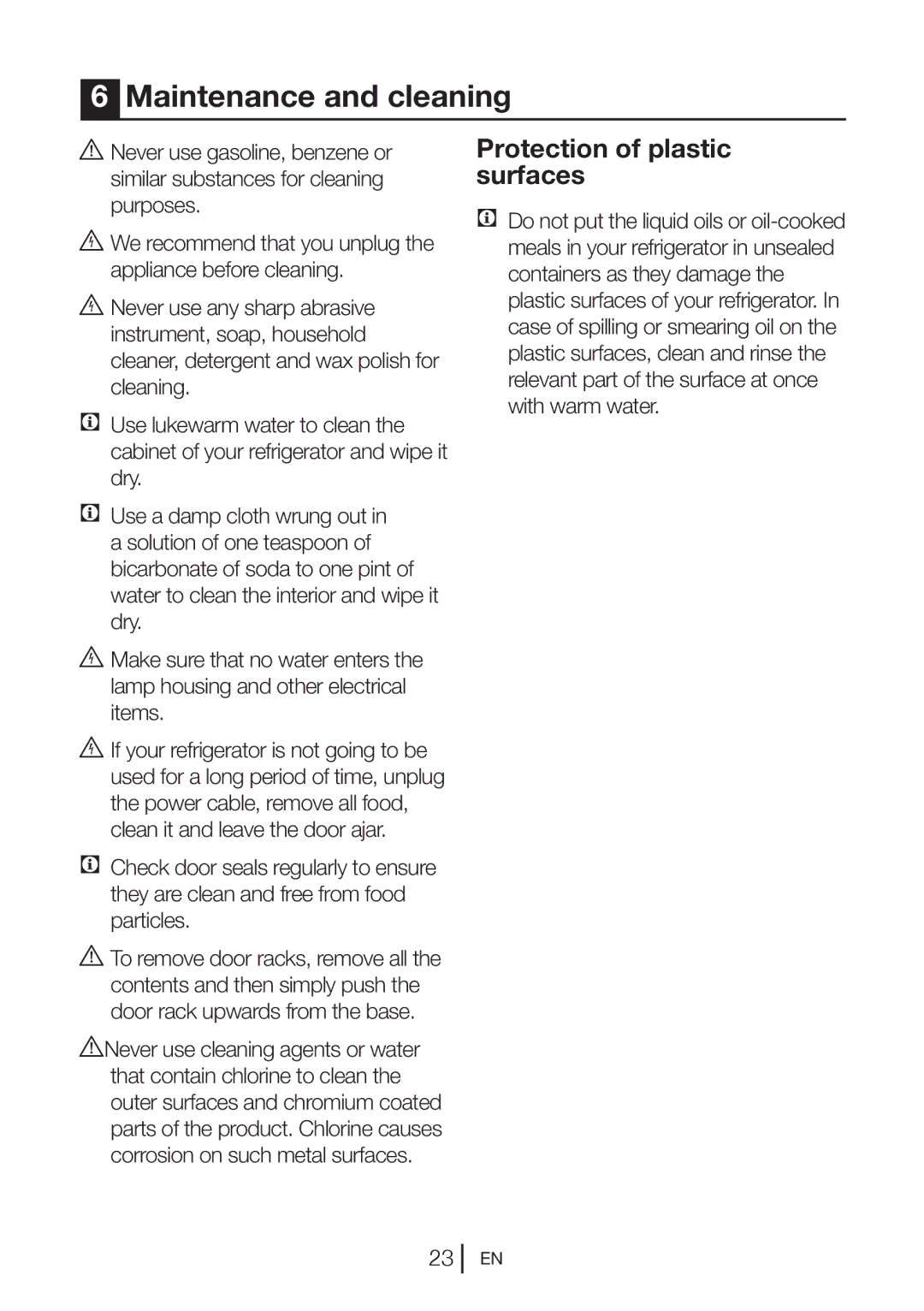 Beko CFD640S, CFD640W, CFD640B manual Maintenance and cleaning, Protection of plastic surfaces 