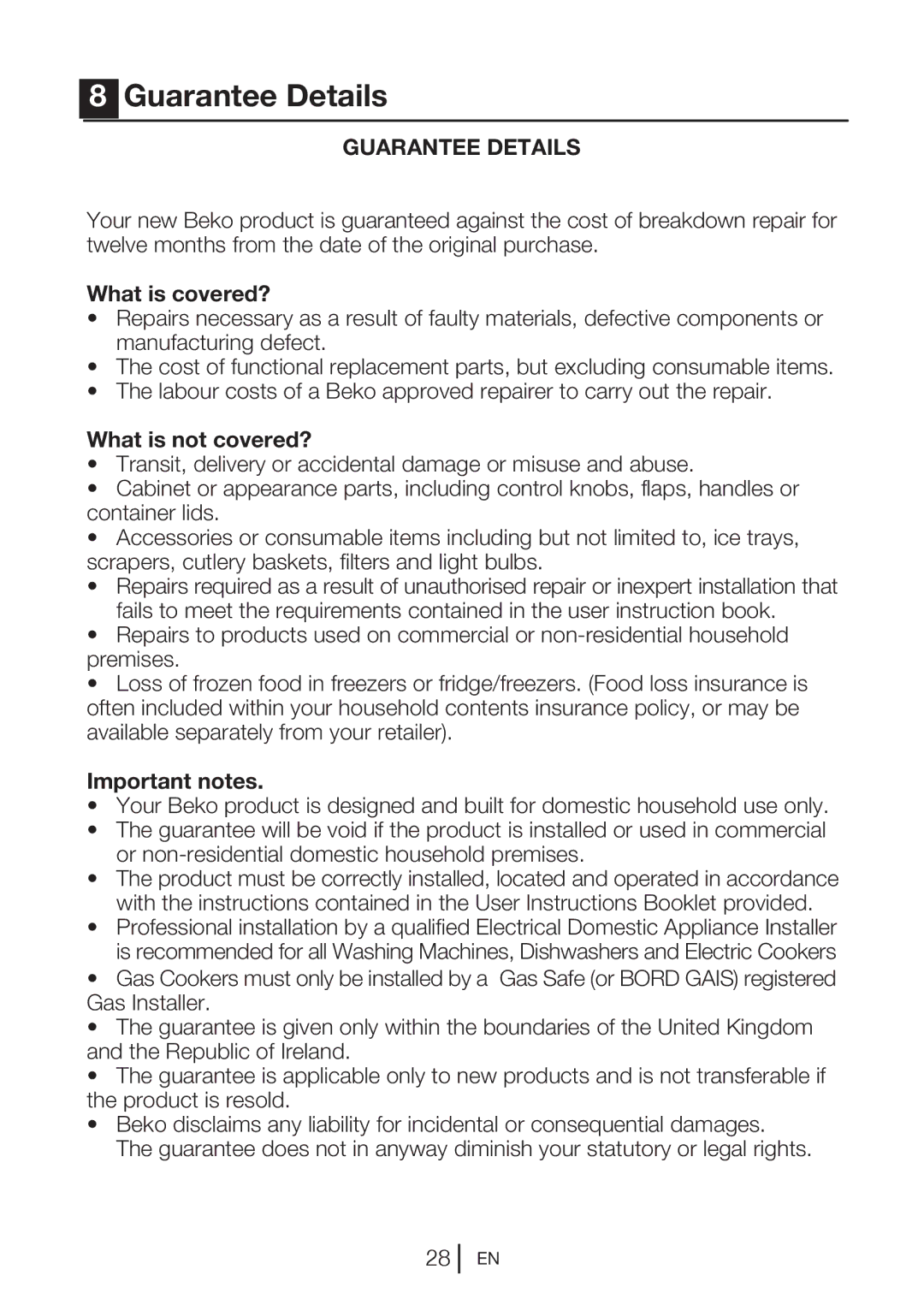 Beko CFD640B, CFD640W, CFD640S manual Guarantee Details, What is covered?, What is not covered?, Important notes 