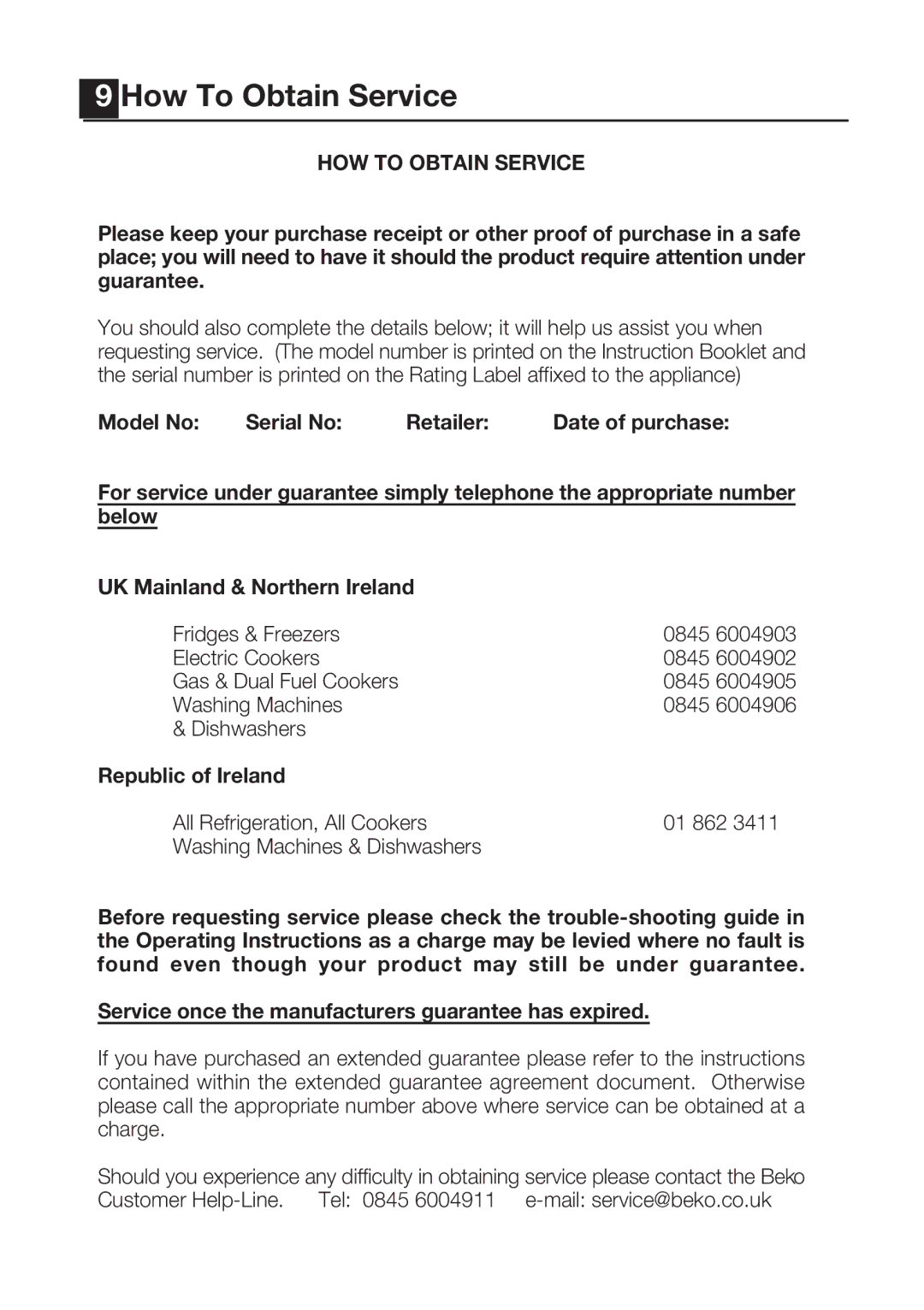 Beko CFD640S How To Obtain Service, Model No Serial No Retailer Date of purchase, Below UK Mainland & Northern Ireland 