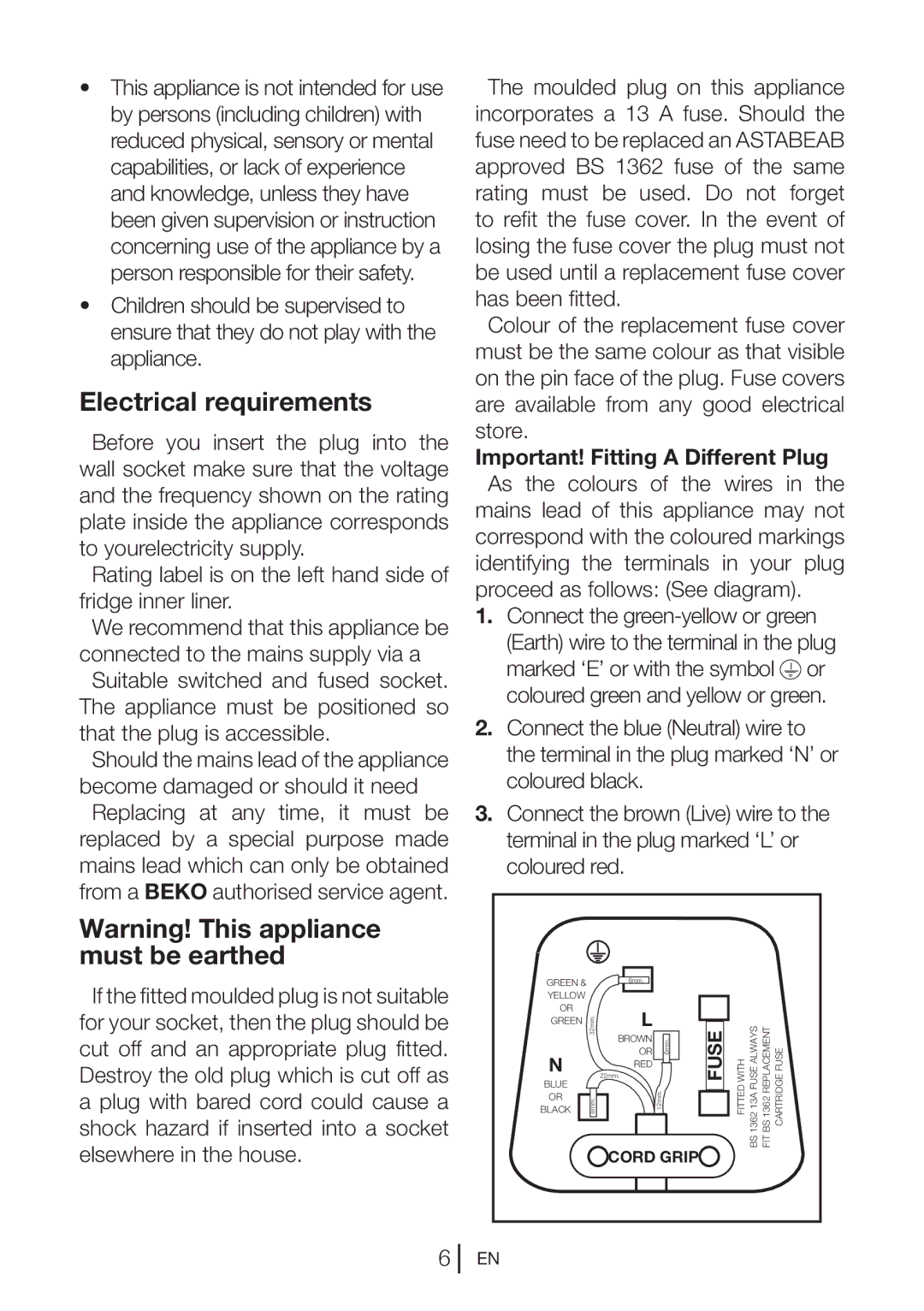 Beko CFD640W, CFD640B, CFD640S manual Electrical requirements 