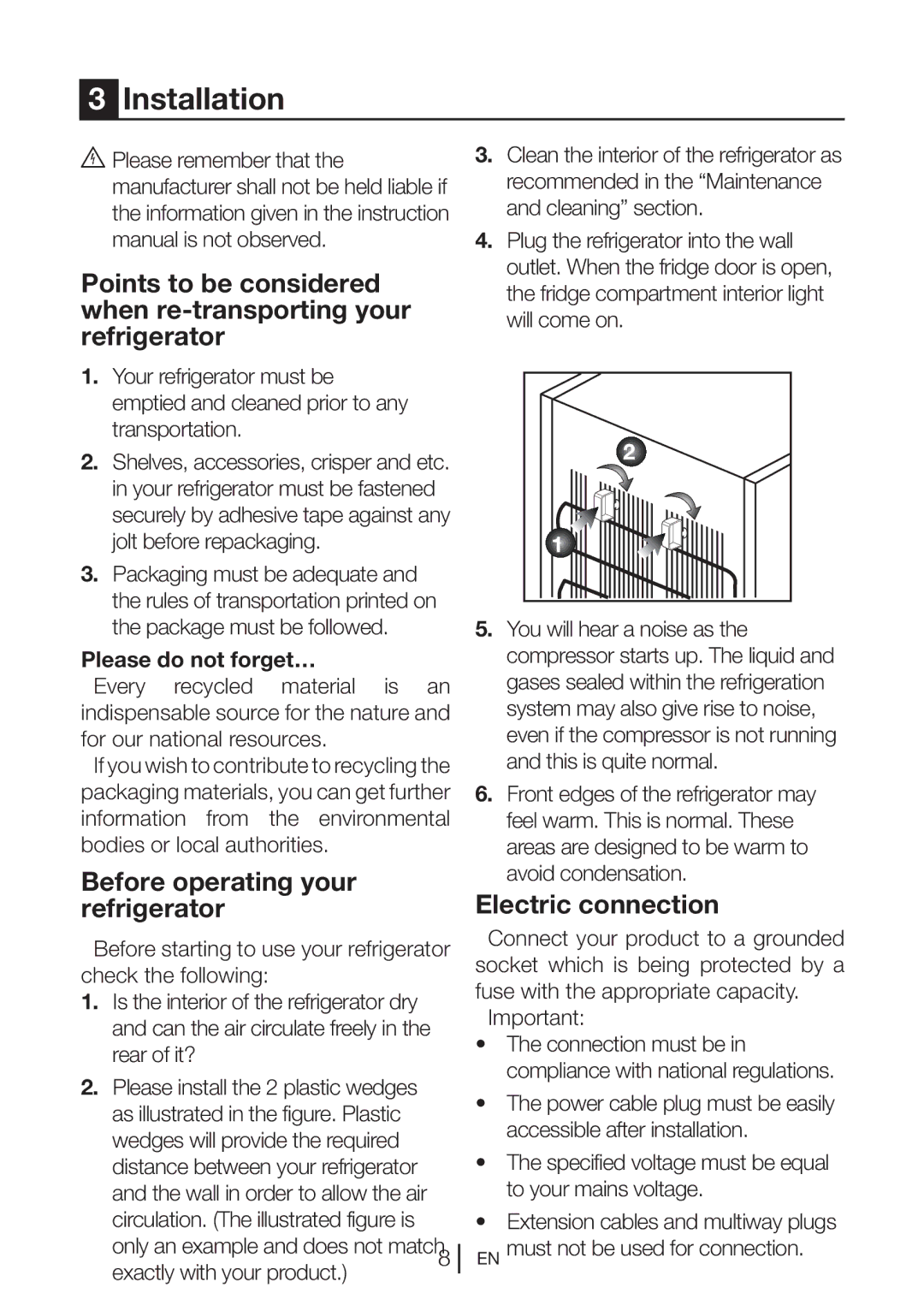 Beko CFD640S, CFD640W, CFD640B Installation, Before operating your refrigerator, Electric connection, Please do not forget… 