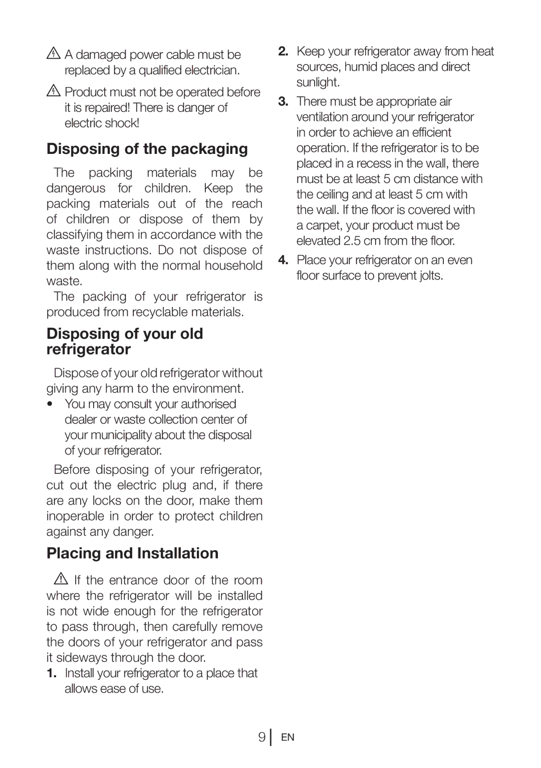 Beko CFD640W, CFD640B, CFD640S Disposing of the packaging, Disposing of your old refrigerator, Placing and Installation 