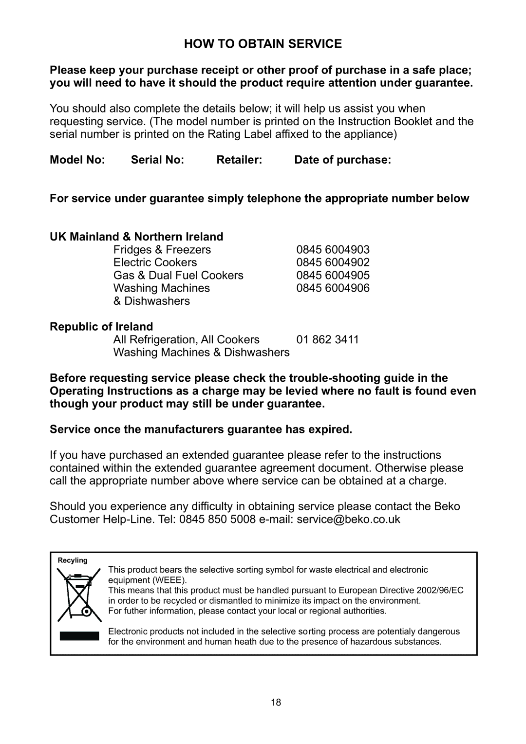 Beko CFD6643 manual Howtoobtainservice, RepublicofIreland 