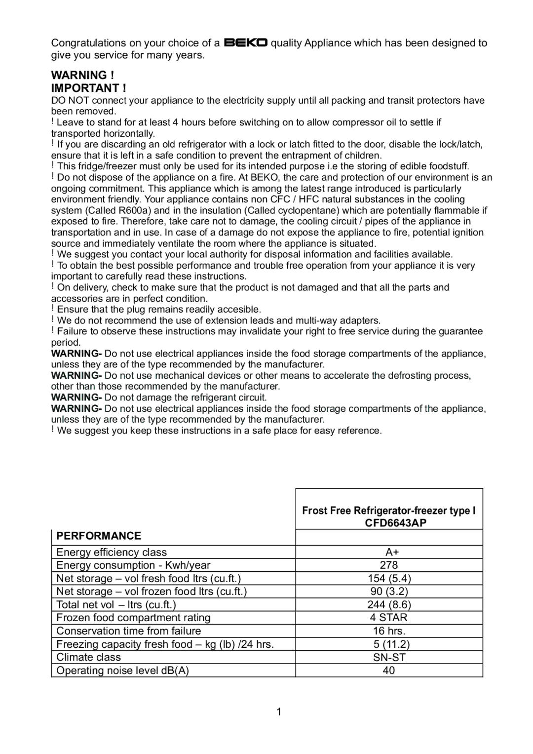 Beko CFD6643AP manual Netstorage volfrozenfoodltrscu.ft, Totalnetvol ltrscu.ft, Frozenfoodcompartmentrating, Climateclass 