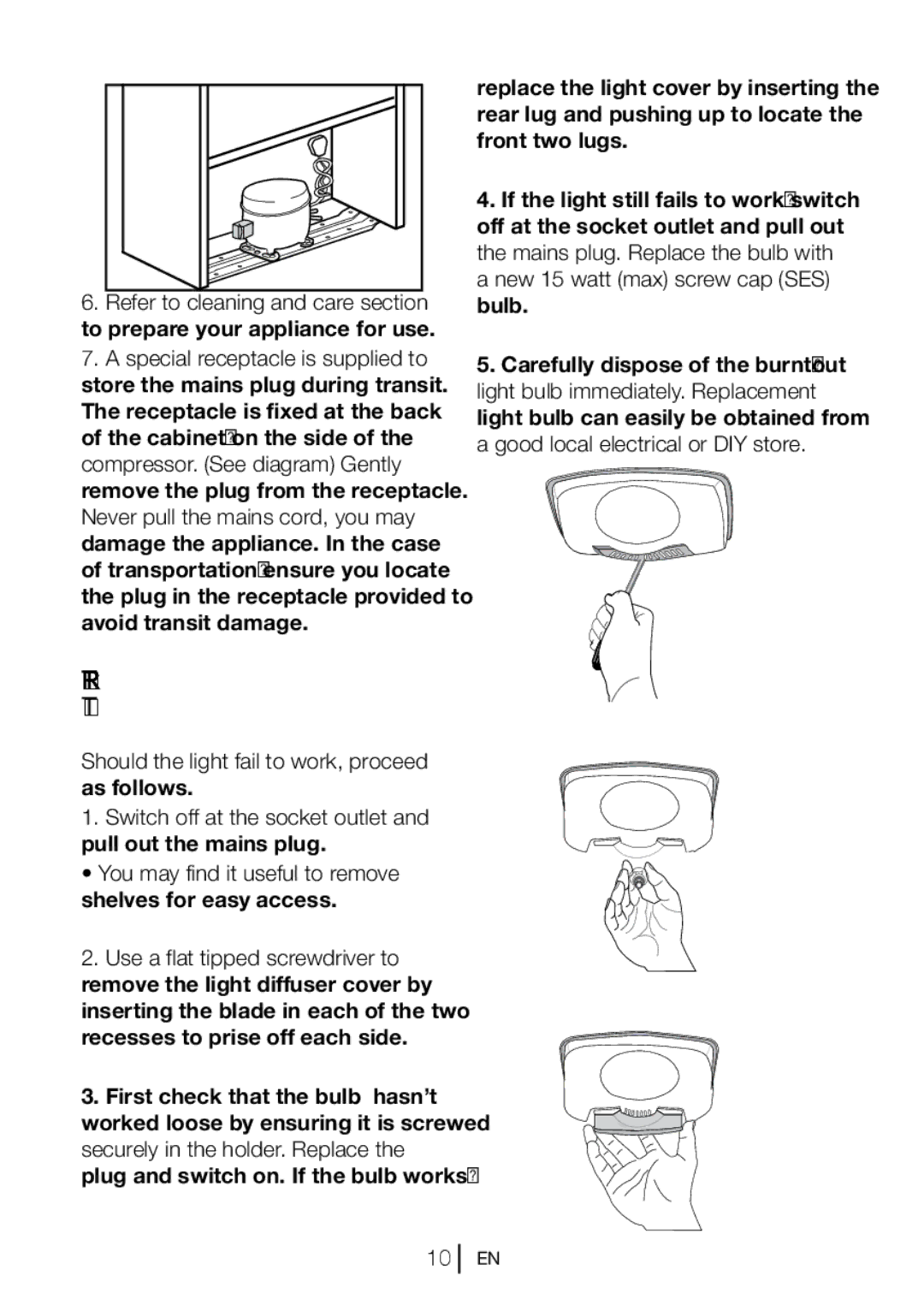 Beko CFD6814APW, CFD6914APB, CFD6914APS manual Replacing the Interior Light Bulb 