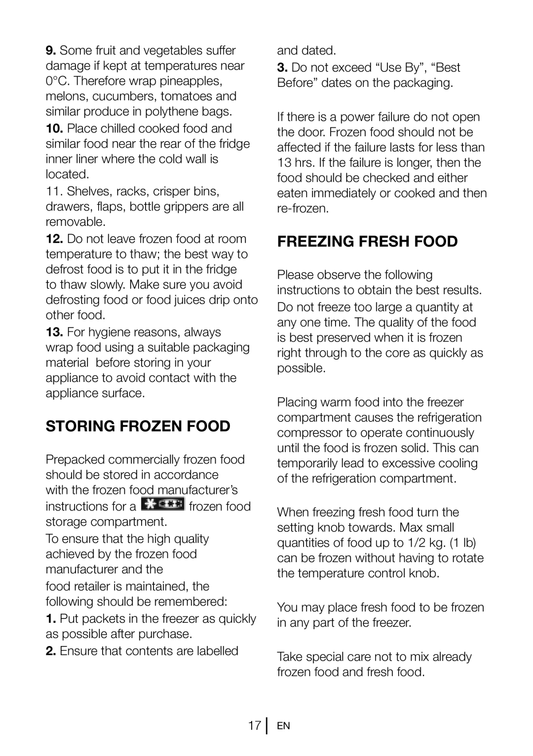 Beko CFD6914APS, CFD6914APB, CFD6814APW manual Storing Frozen Food, Freezing Fresh Food 