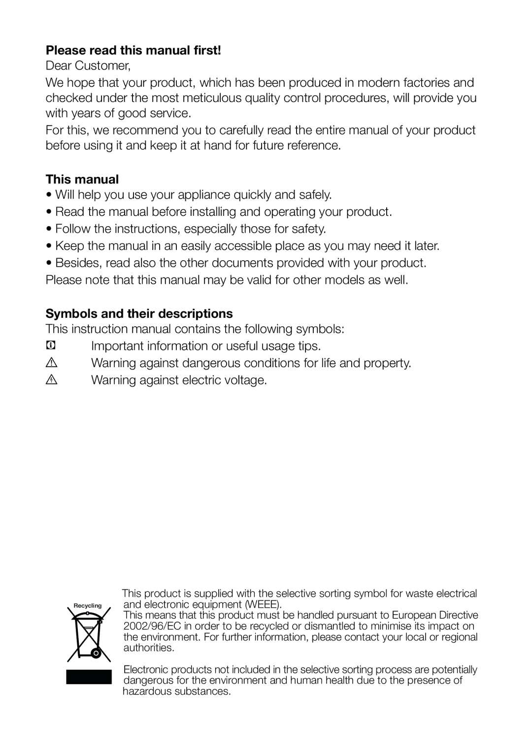 Beko CFD6914APS, CFD6914APB, CFD6814APW Please read this manual first, This manual, Symbols and their descriptions 