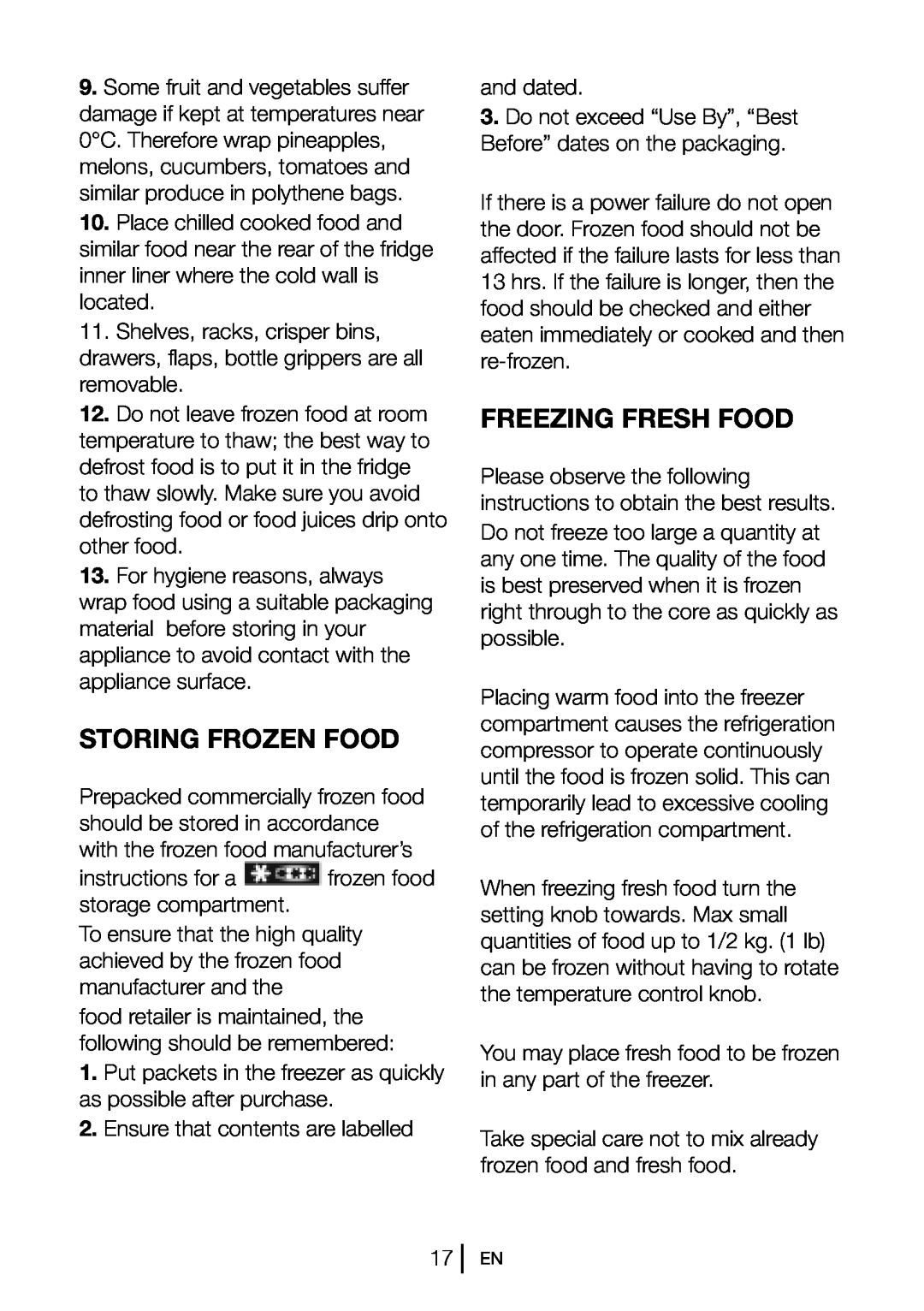 Beko CFD6914APS, CFD6914APB, CFD6814APW manual Storing Frozen Food, Freezing Fresh Food 