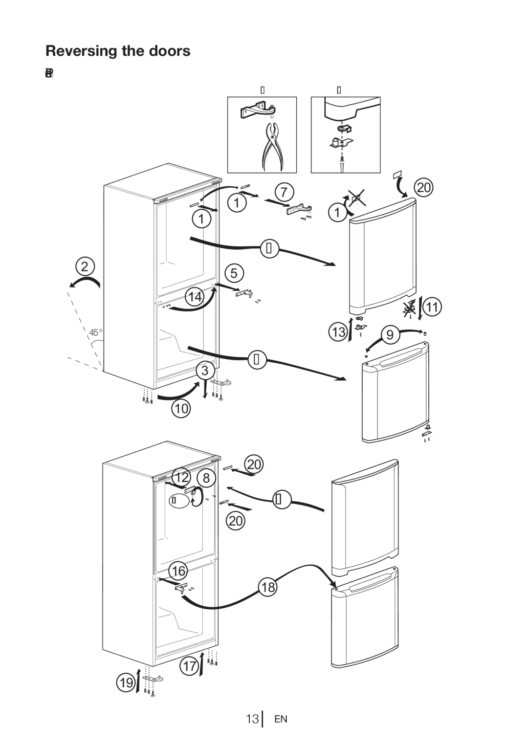 Beko CFD6914W, CFD6914S, CFD6914X manual Reversing the doors 