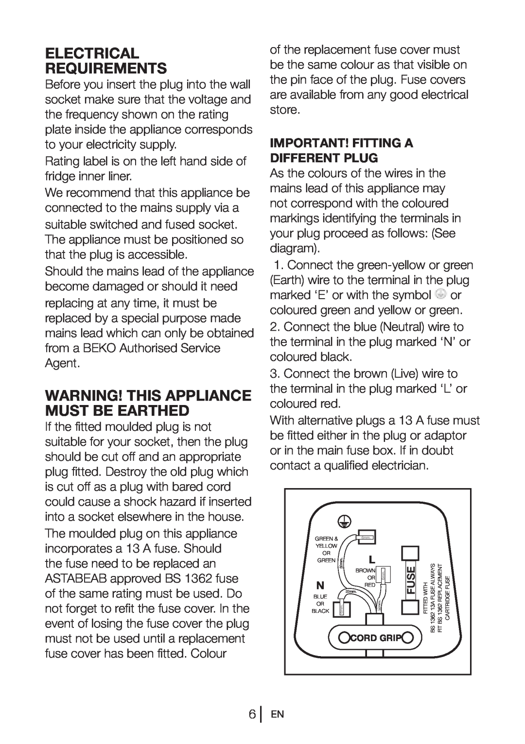 Beko CFD6914S manual Electrical Requirements, Warning! This Appliance Must Be Earthed, Important! Fitting A Different Plug 