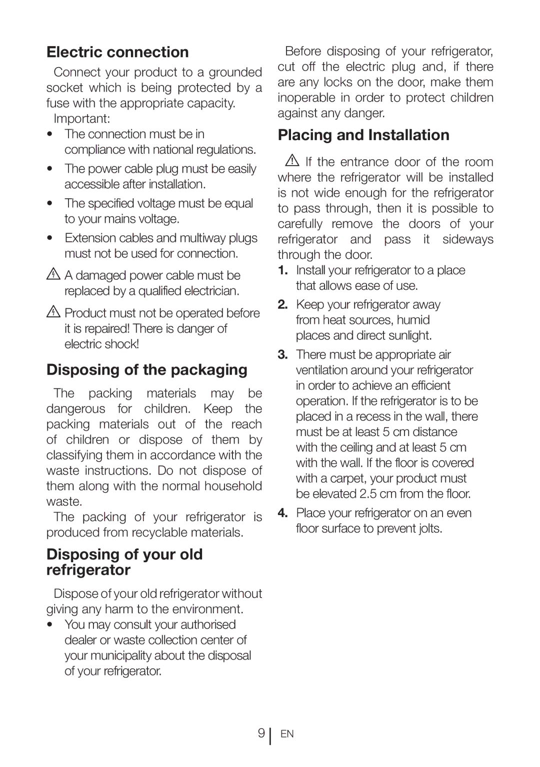 Beko CFF6873GX manual Electric connection, Disposing of the packaging, Disposing of your old refrigerator 