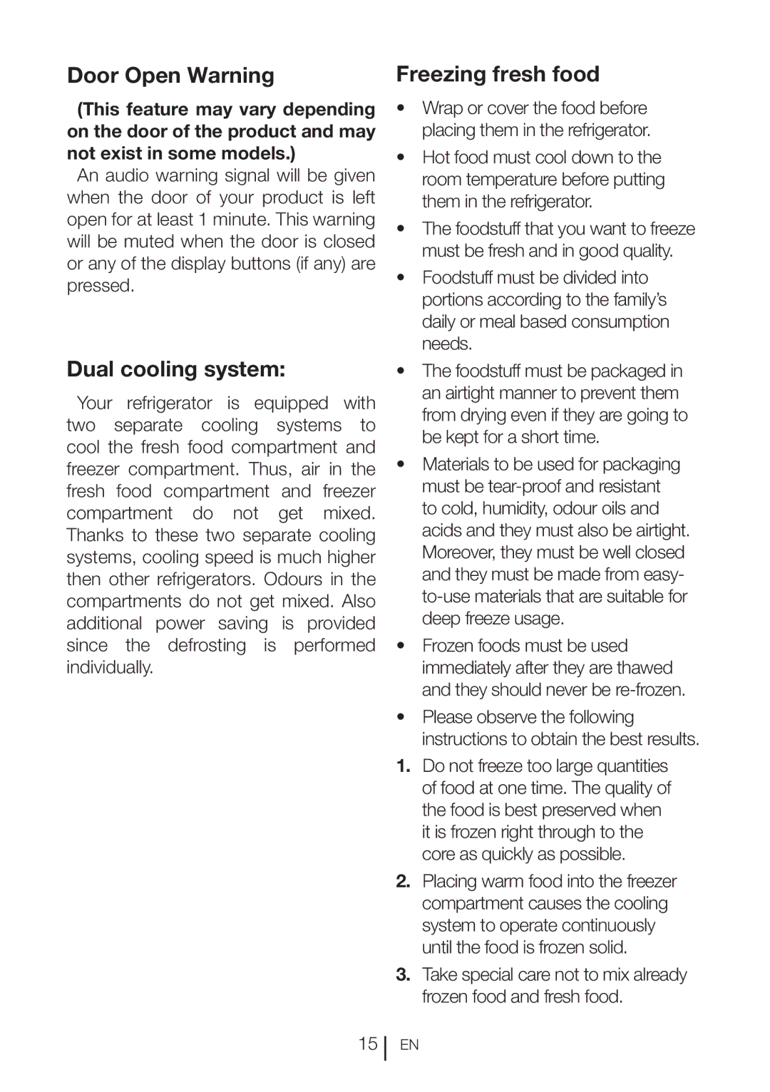 Beko CFF6873GX manual Door Open Warning, Dual cooling system, Freezing fresh food 