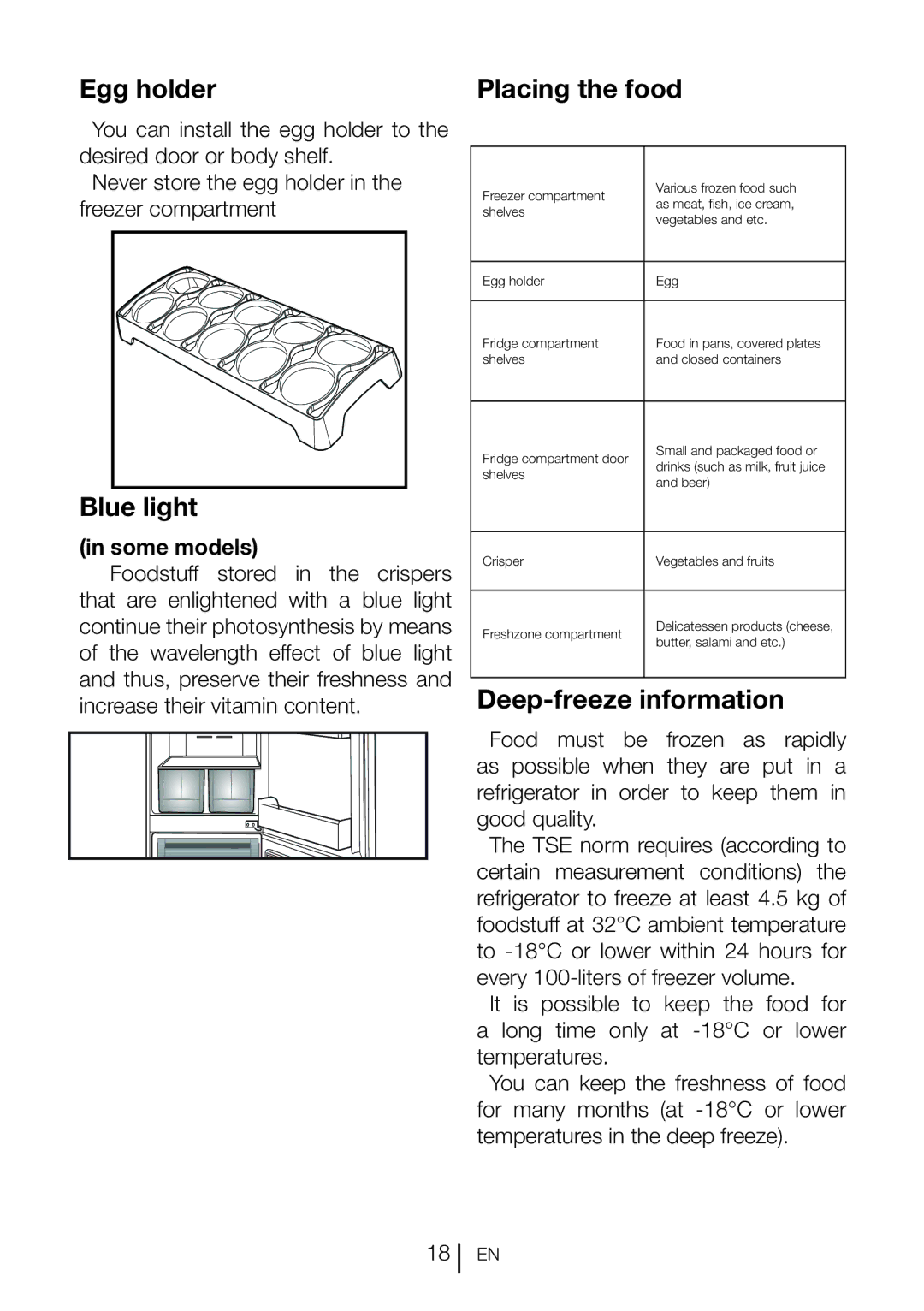 Beko CFF6873GX manual Egg holder, Blue light, Placing the food, Deep-freeze information, Some models 