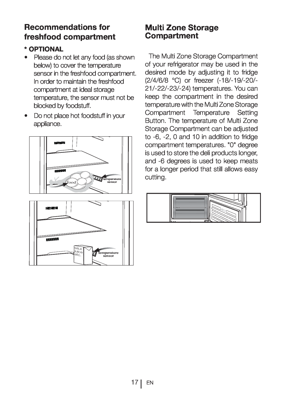 Beko CFF6873GX manual Recommendations for freshfood compartment, Multi Zone Storage Compartment, Optional 