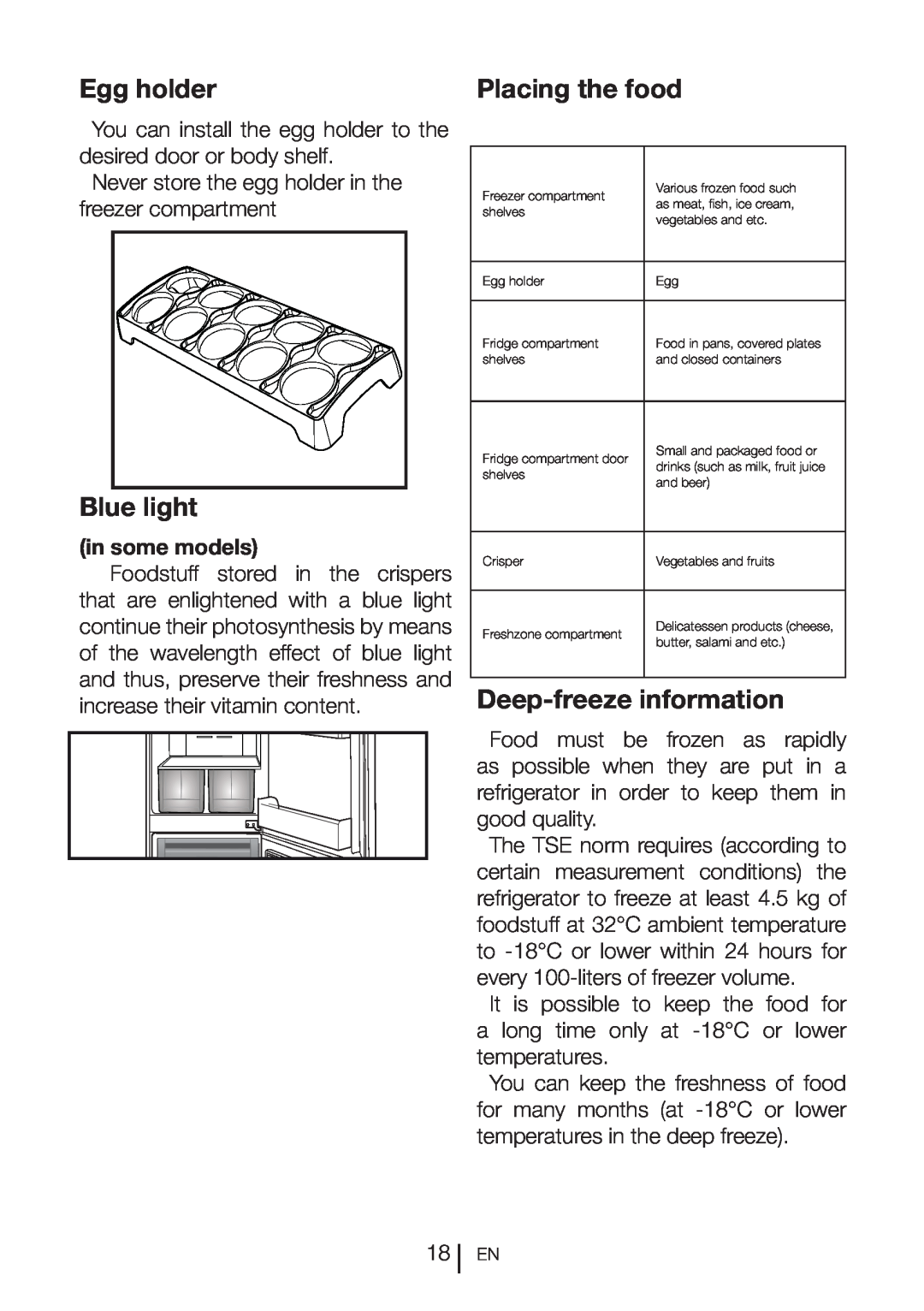 Beko CFF6873GX manual Egg holder, Blue light, Placing the food, Deep-freeze information, in some models 
